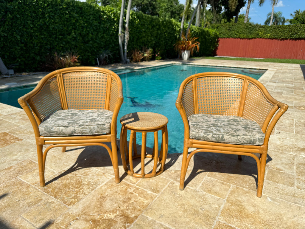 Vintage McGuire Style Rattan Cane Barrel Armchairs and Side Table