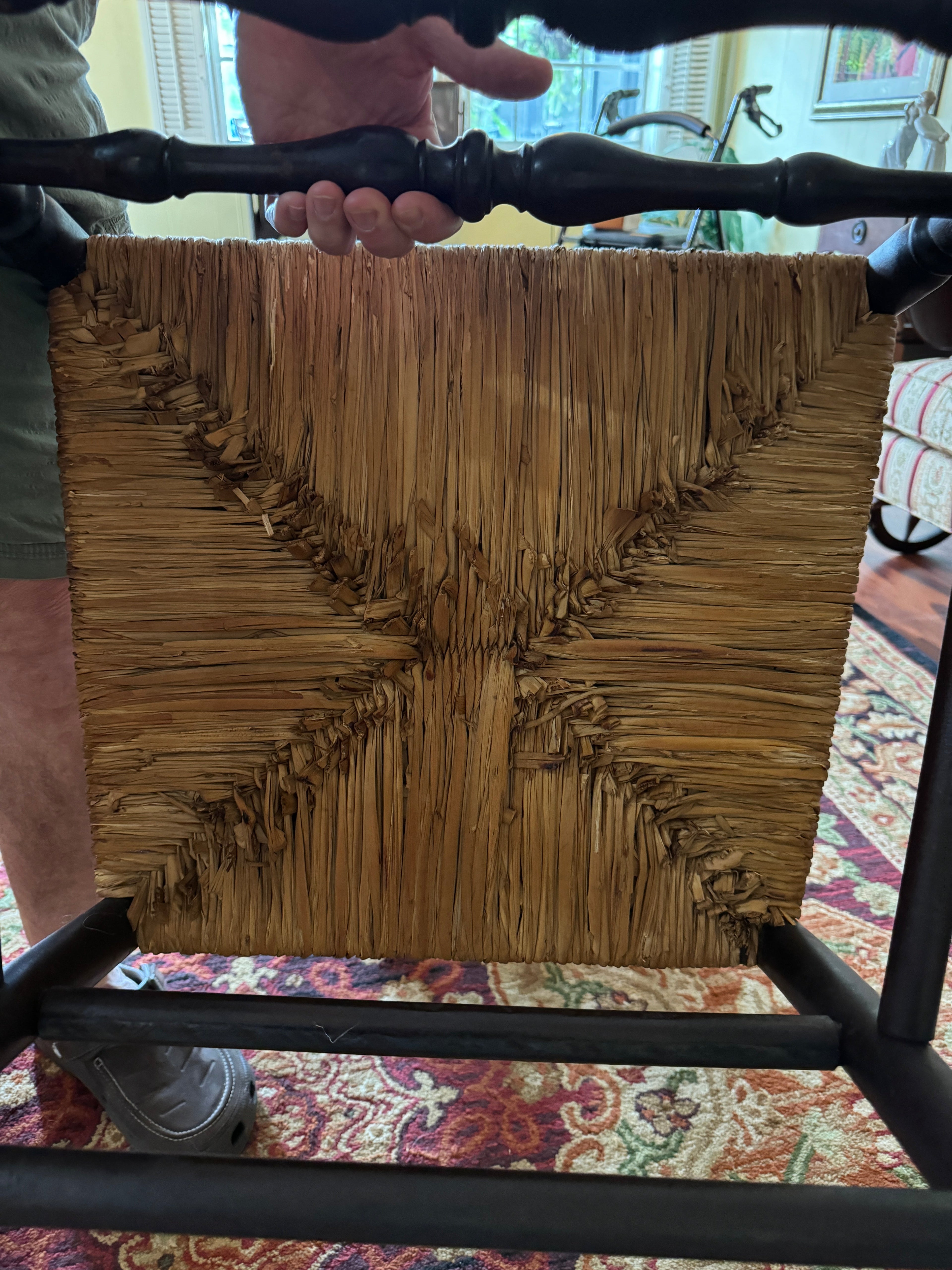 Antique French Country Style Ladderback Chairs with Rush Seats - Set of Two