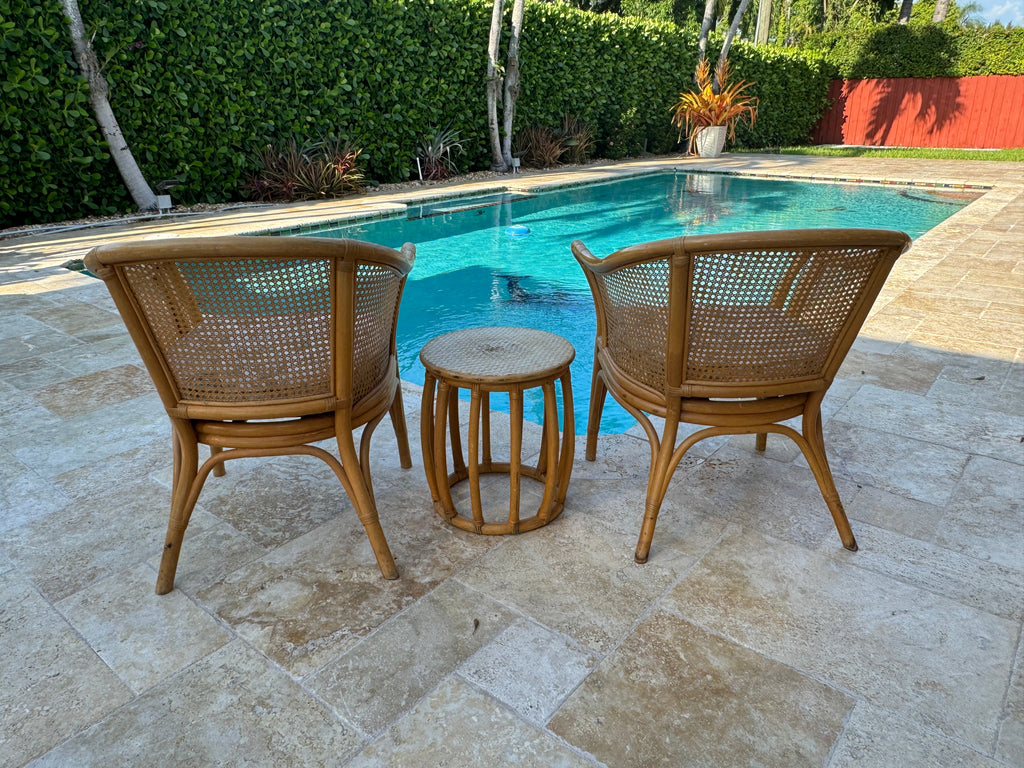Vintage McGuire Style Rattan Cane Barrel Armchairs and Side Table