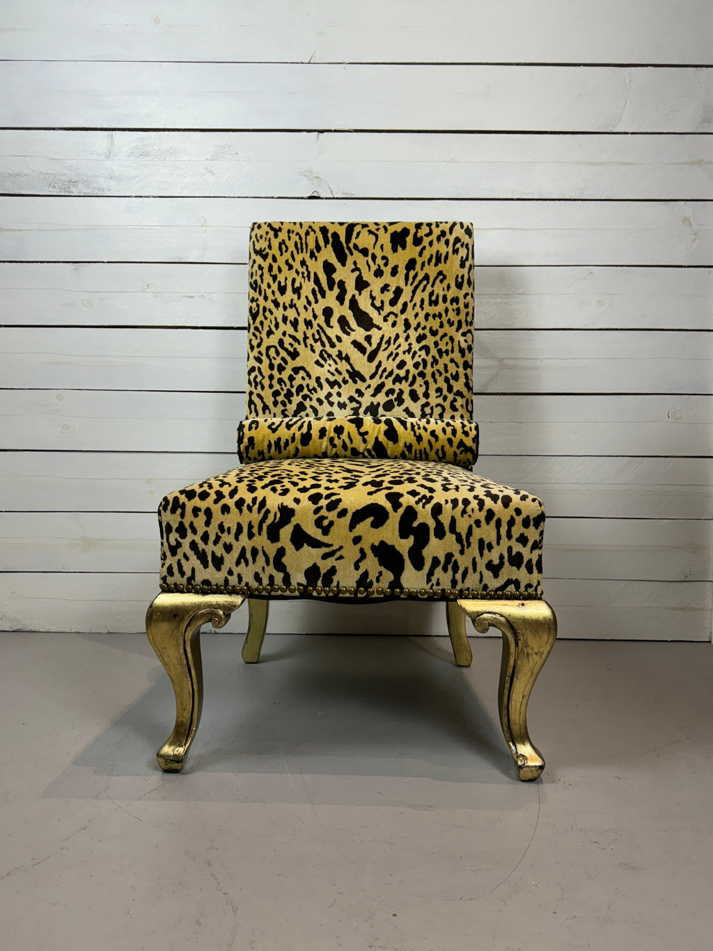 Vintage Hollywood Regency Cheetah Print Accent Chair with Gold Gilded Legs