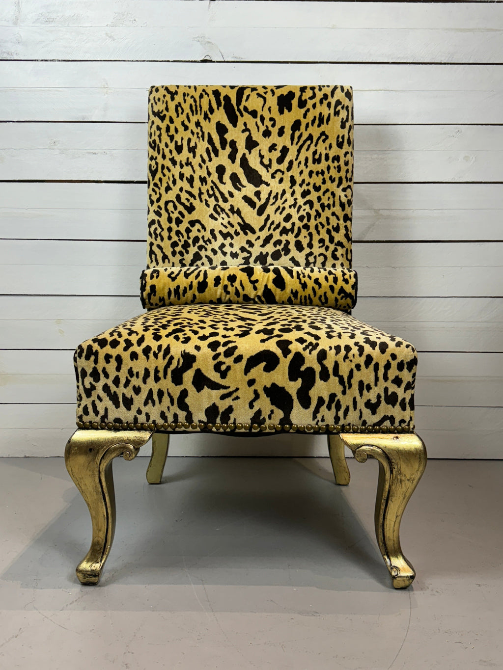 Vintage Hollywood Regency Cheetah Print Accent Chair with Gold Gilded Legs