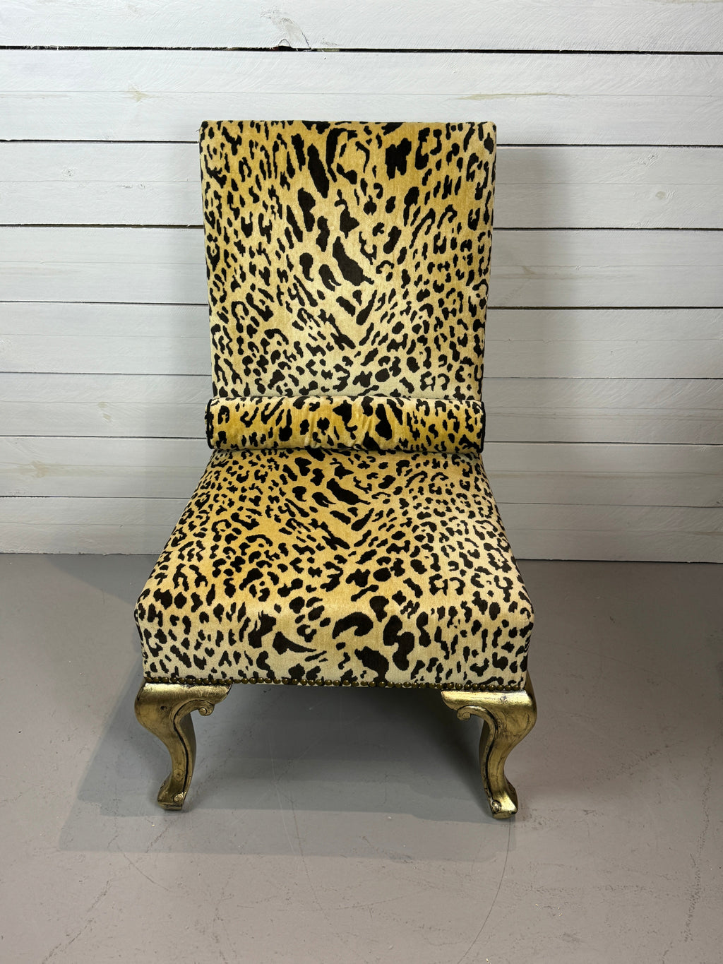 Vintage Hollywood Regency Cheetah Print Accent Chair with Gold Gilded Legs