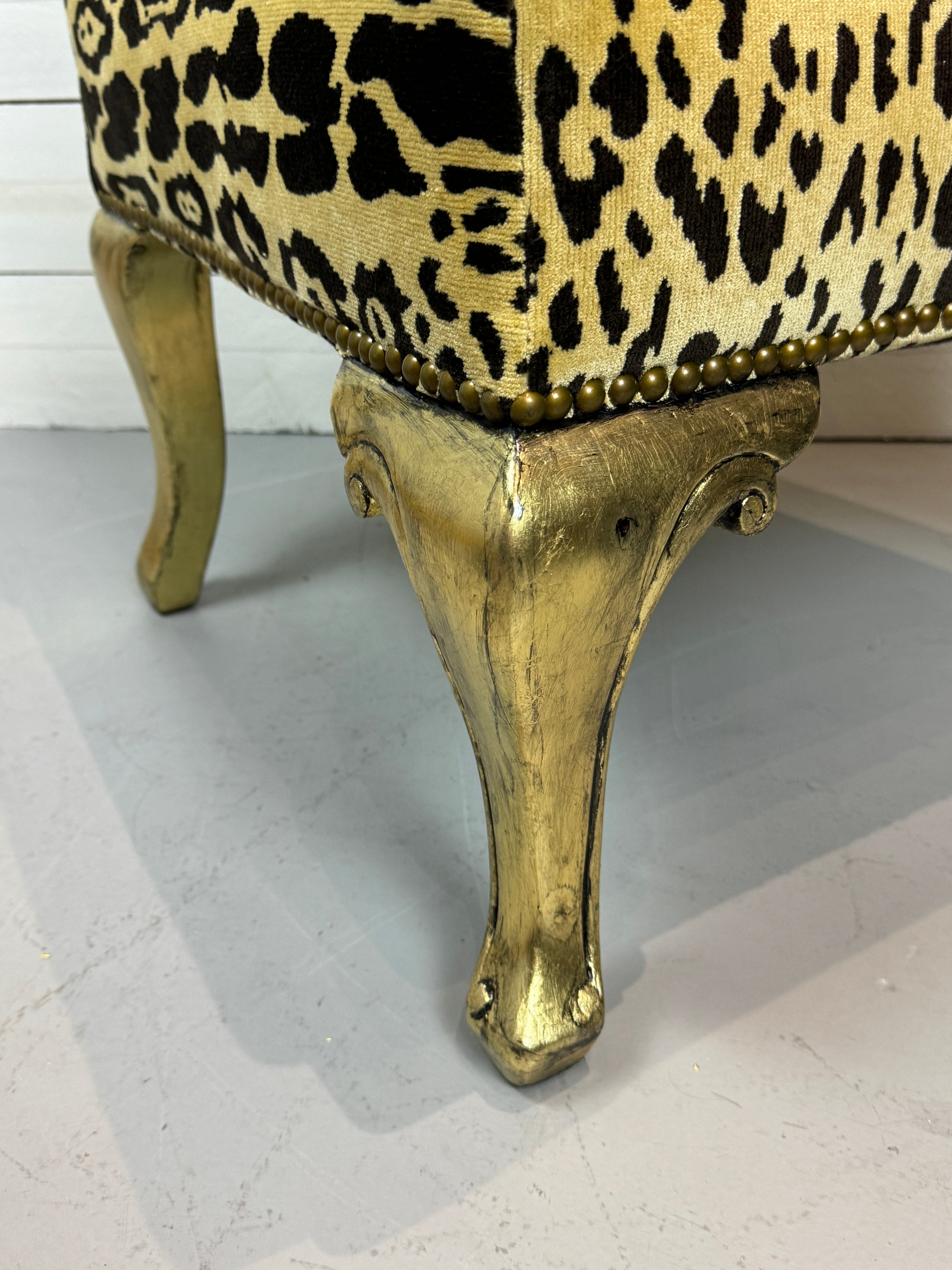 Vintage Hollywood Regency Cheetah Print Accent Chair with Gold Gilded Legs