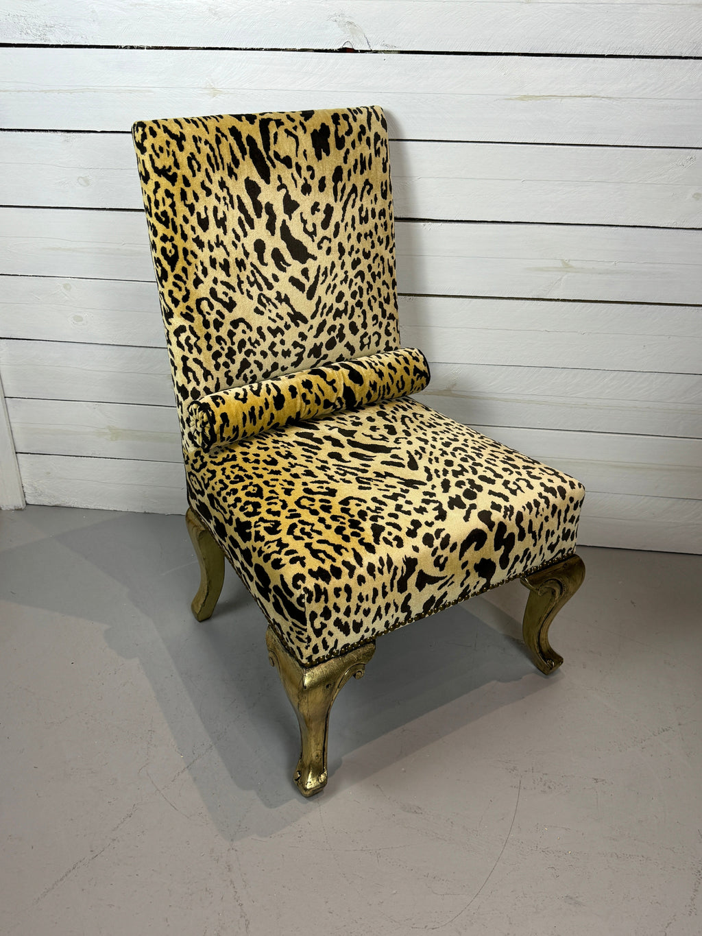 Vintage Hollywood Regency Cheetah Print Accent Chair with Gold Gilded Legs