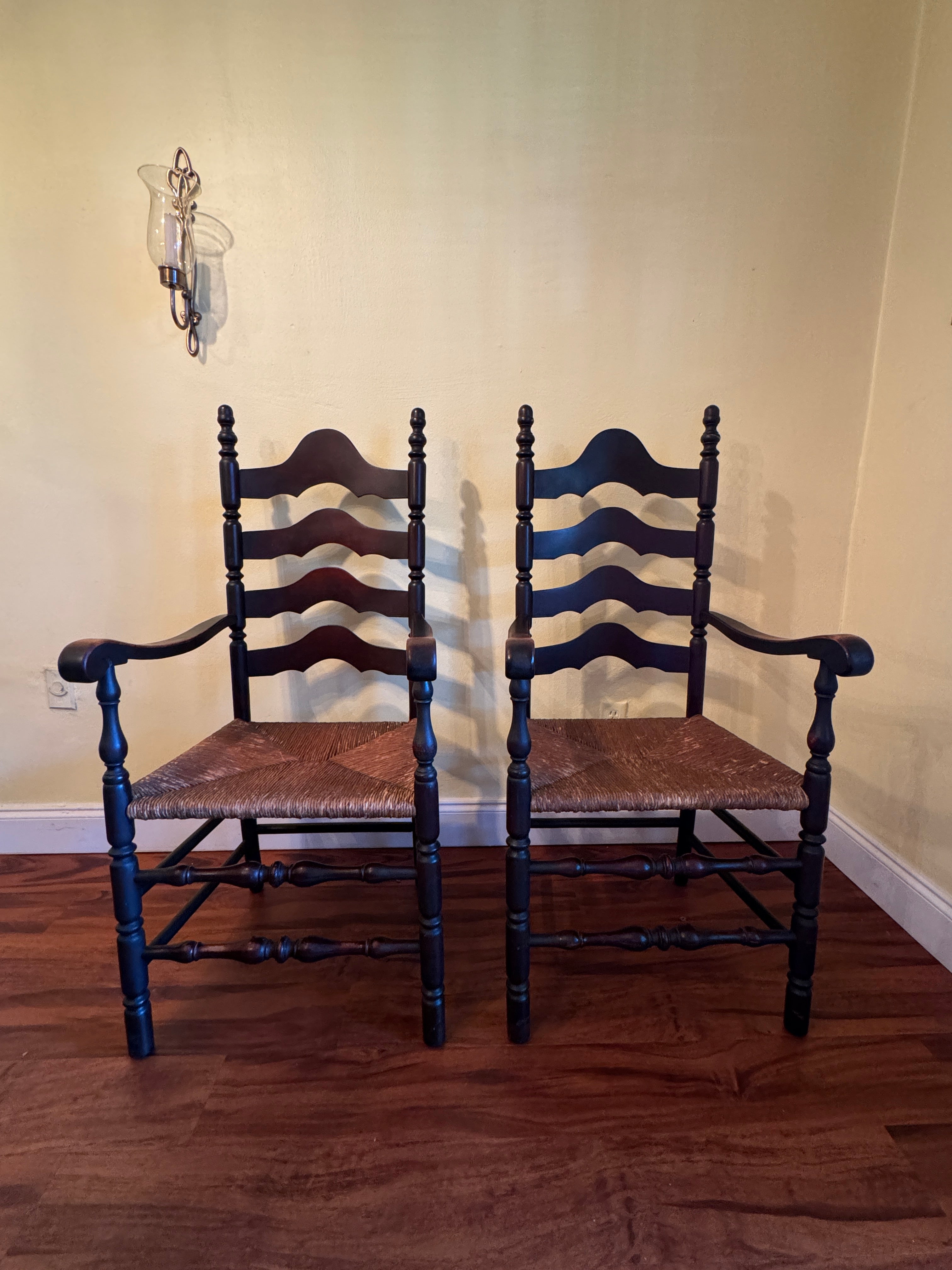 Antique French Country Style Ladderback Chairs with Rush Seats - Set of Two