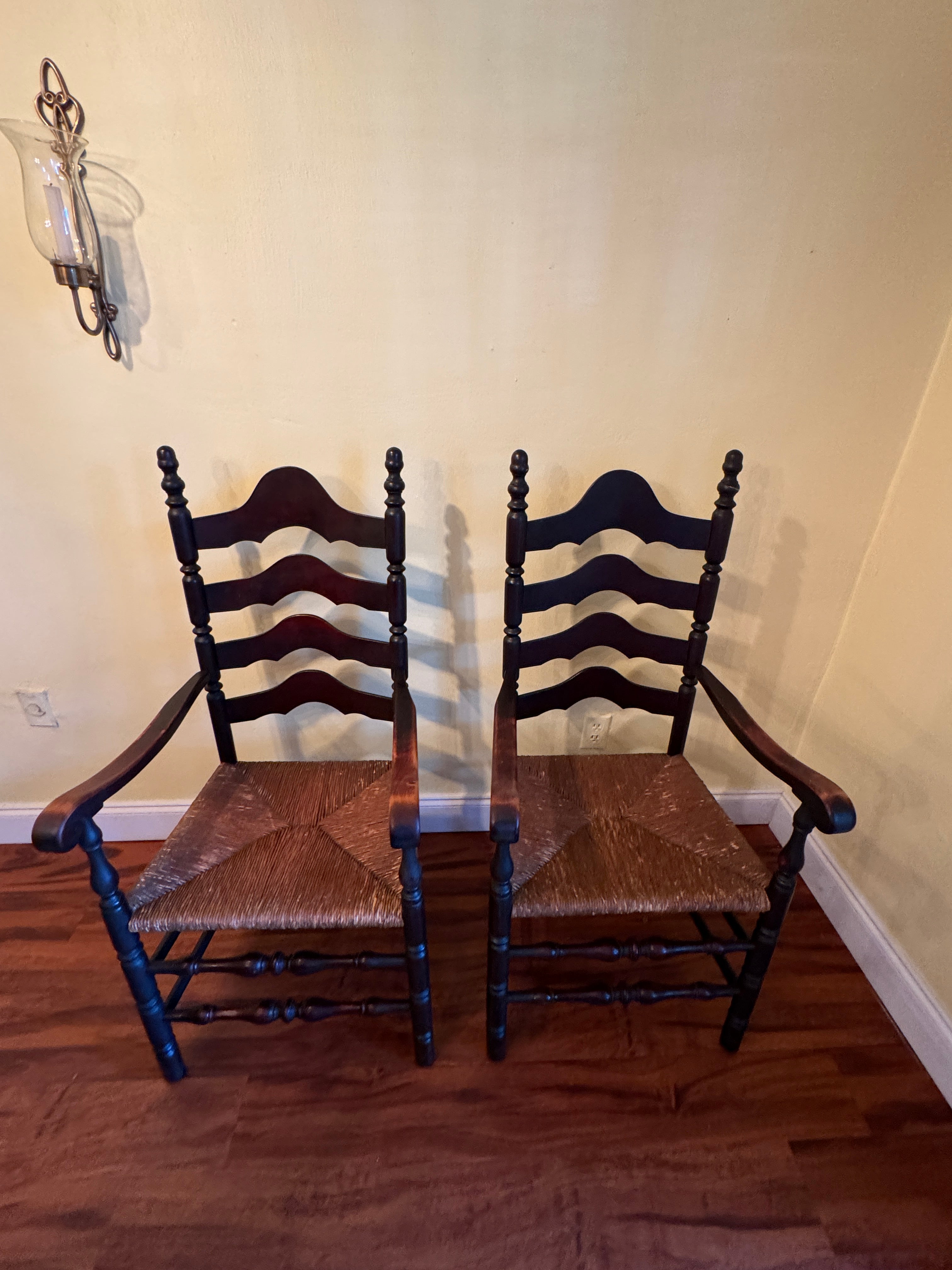Antique French Country Style Ladderback Chairs with Rush Seats - Set of Two