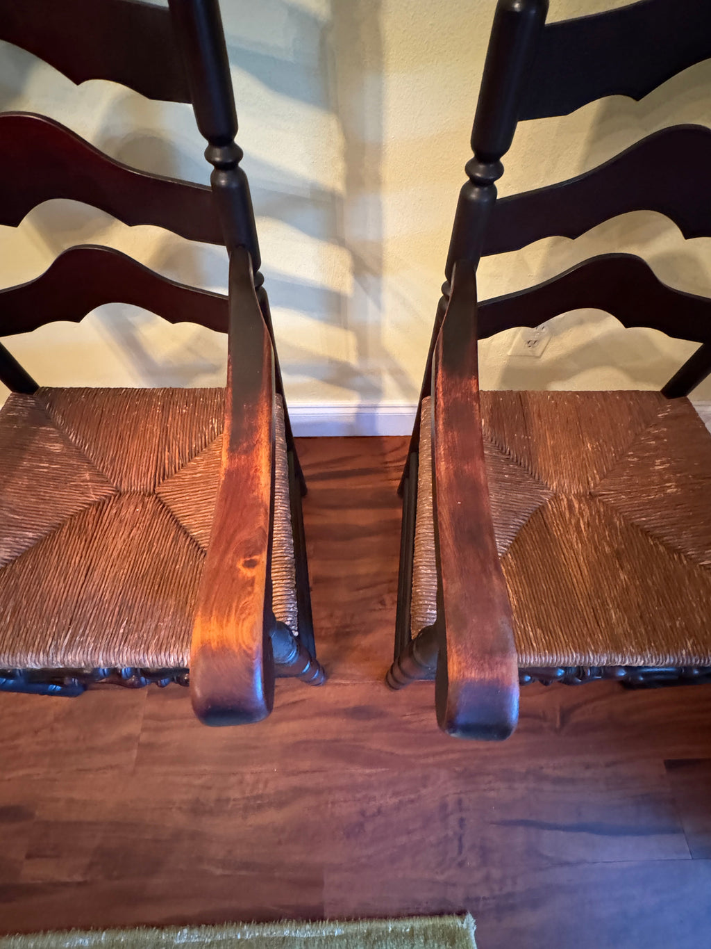 Antique French Country Style Ladderback Chairs with Rush Seats - Set of Two