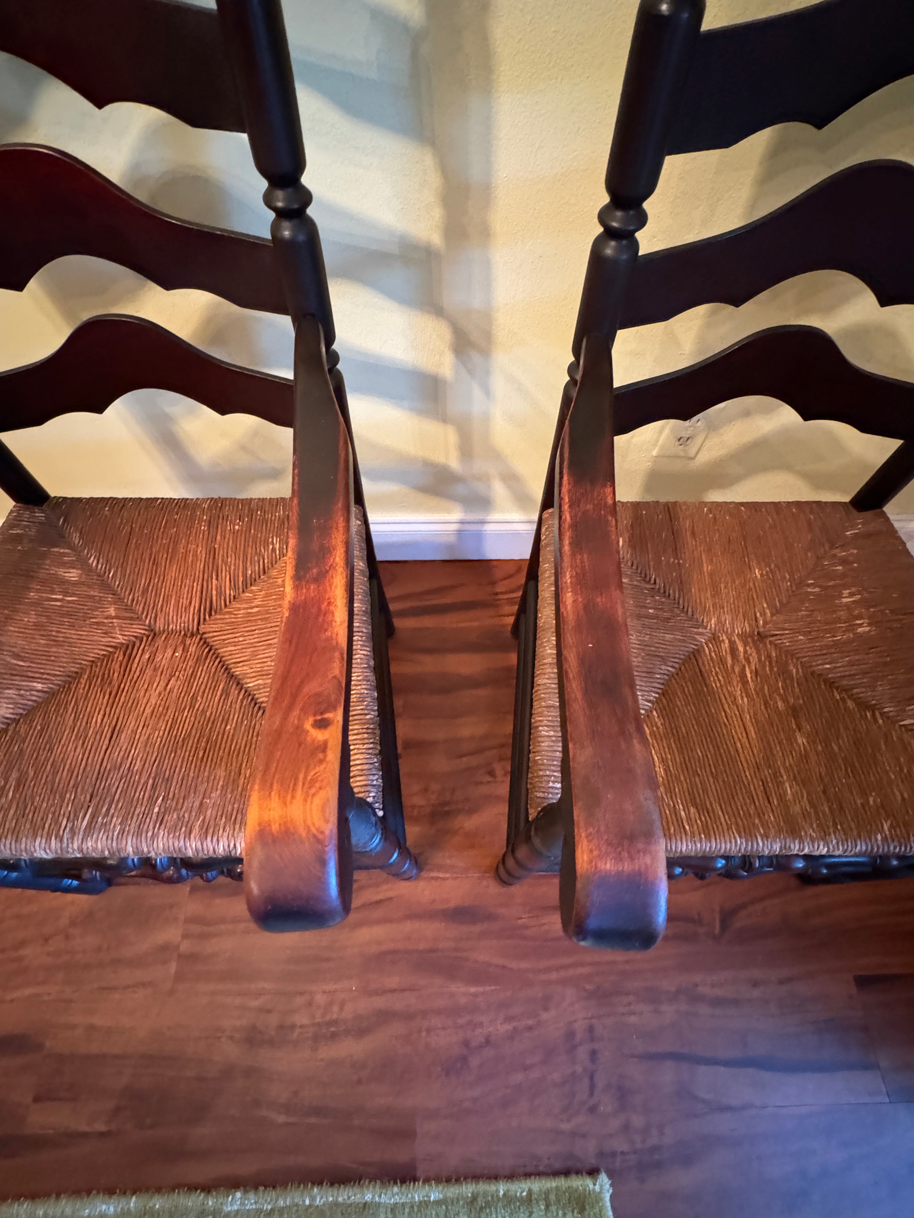 Antique French Country Style Ladderback Chairs with Rush Seats - Set of Two