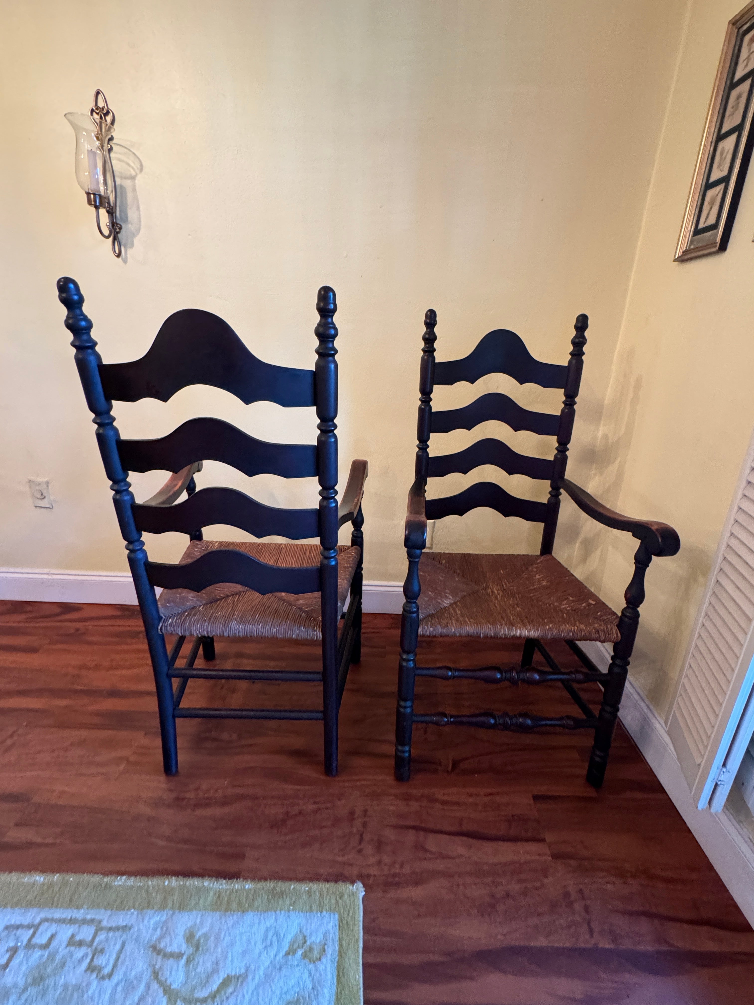 Antique French Country Style Ladderback Chairs with Rush Seats - Set of Two