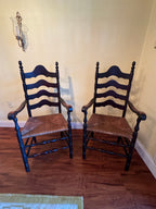 Antique French Country Style Ladderback Chairs with Rush Seats - Set of Two