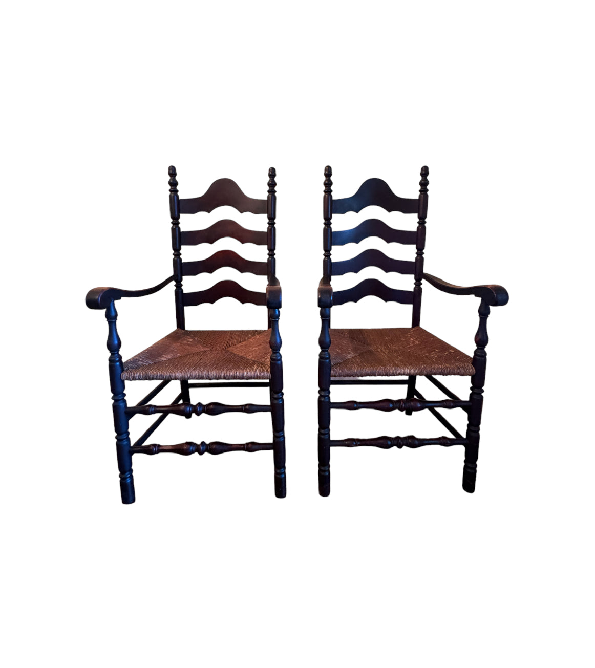 Antique French Country Style Ladderback Chairs with Rush Seats - Set of Two
