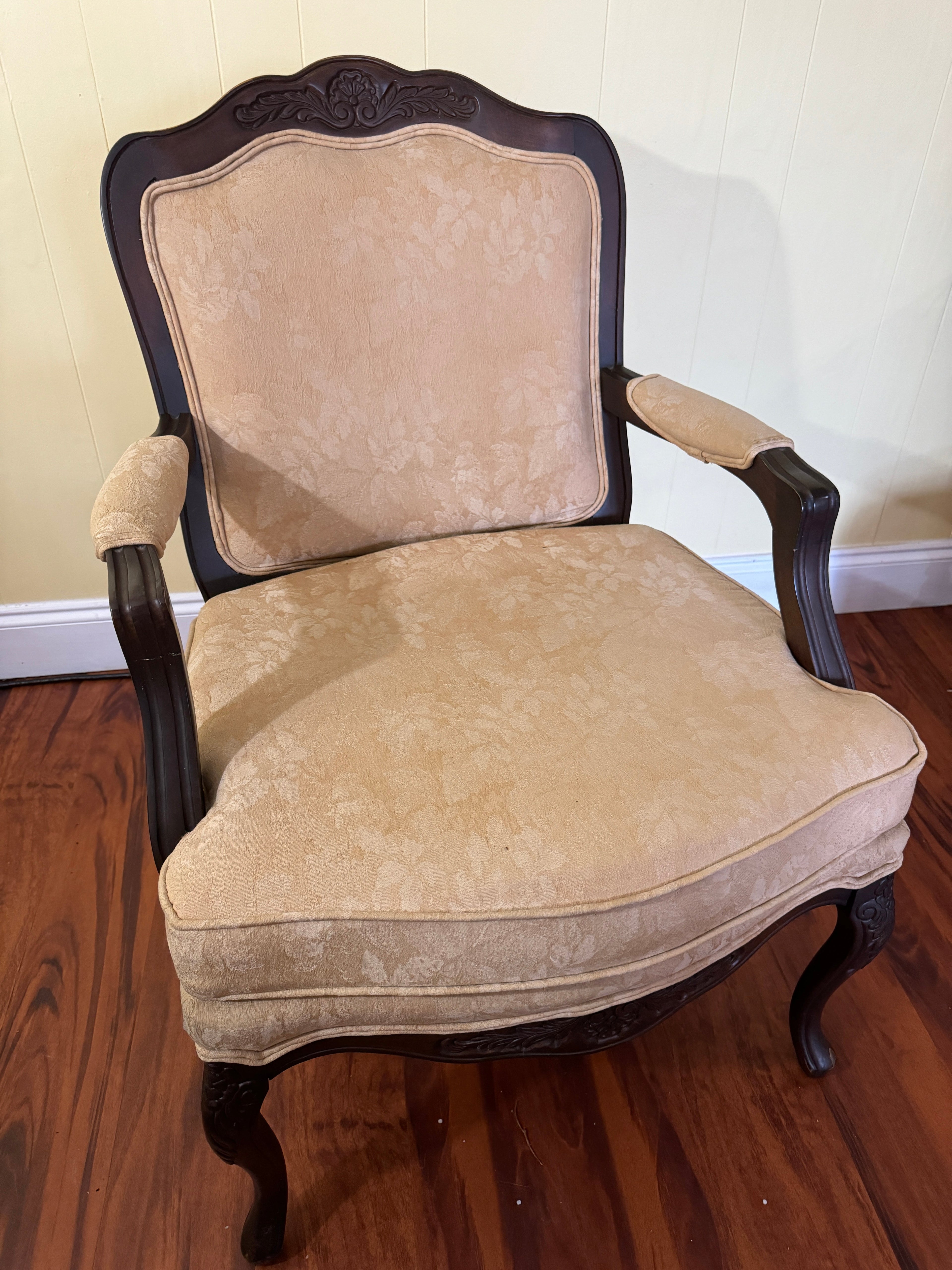 Antique Louis XV Style Carved Walnut Upholstered Accent Chair