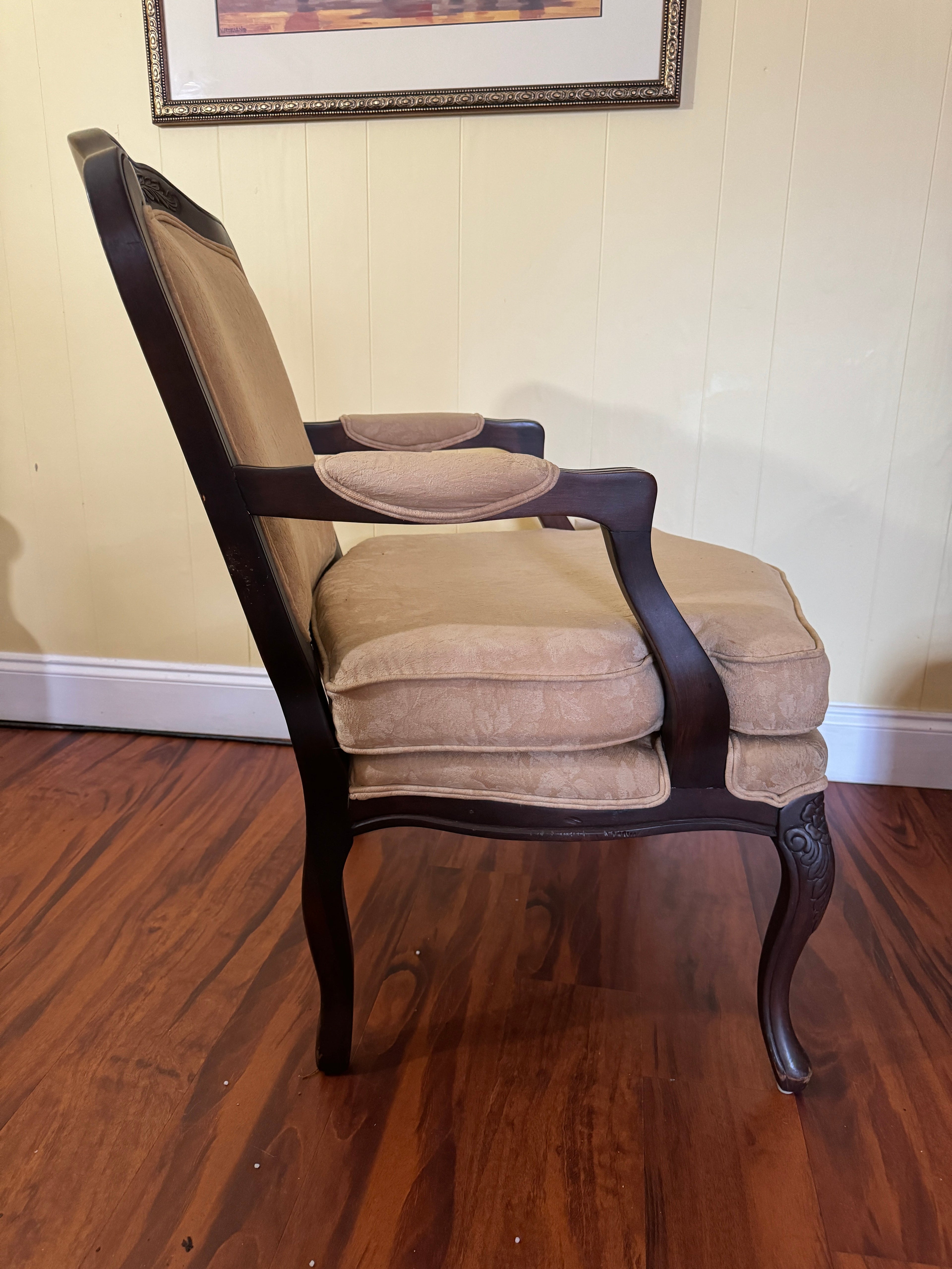 Antique Louis XV Style Carved Walnut Upholstered Accent Chair