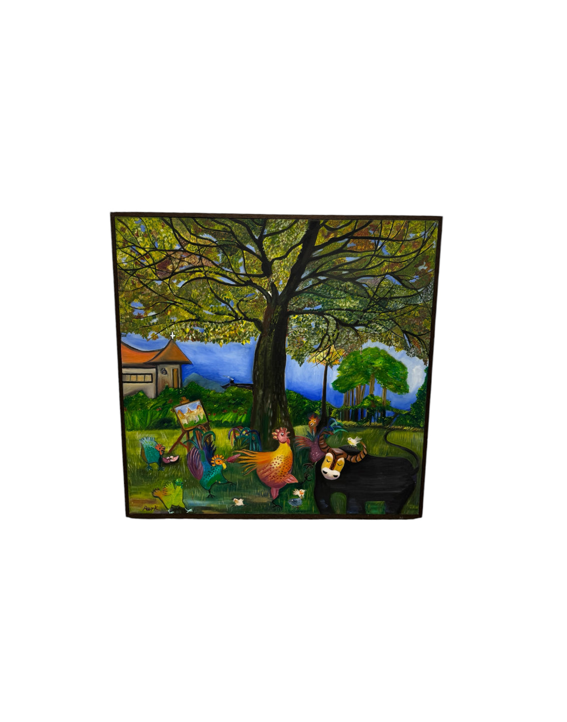 Asian Pastoral Farm Scene, Original Framed Oil on Canvas, by Youngsook Park Circa 2000