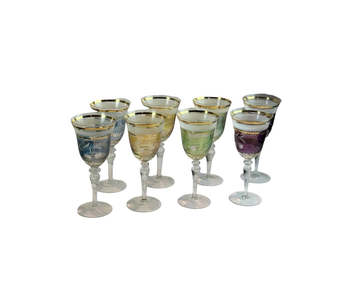 Midcentury Colored Cut Glass Wine Goblets with Cherry and Leaf Motifs - 4 Different Colors - Set of 8