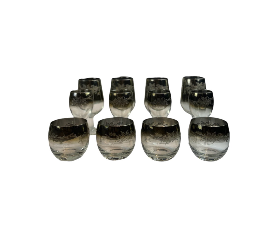 1970s Mid Century/Retro Vintage Floral Etched Queen Lusterware Silver Fade Ombre Cocktail Set - Set of 12 - Made in France