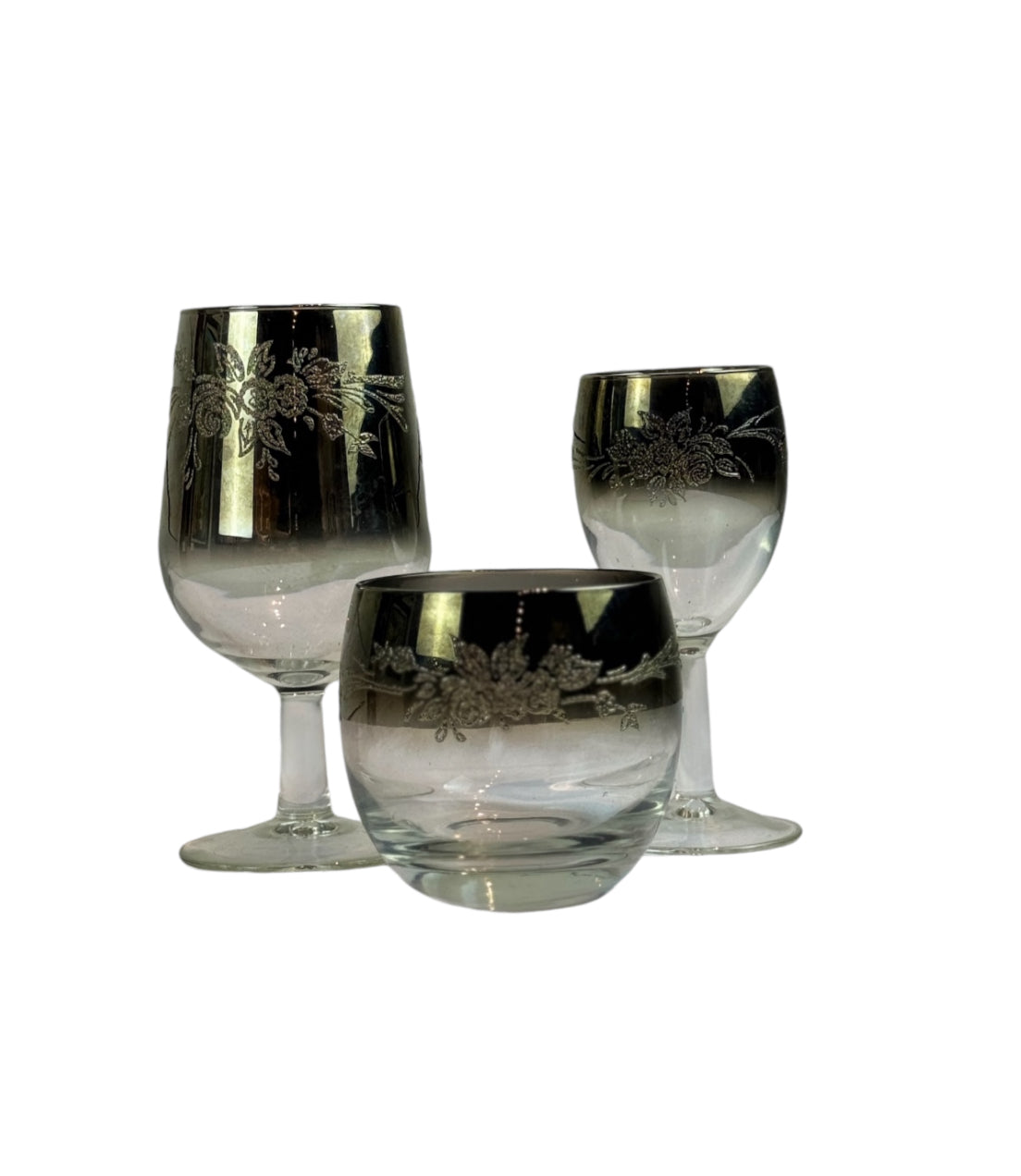 1970s Mid Century/Retro Vintage Floral Etched Queen Lusterware Silver Fade Ombre Cocktail Set - Set of 12 - Made in France