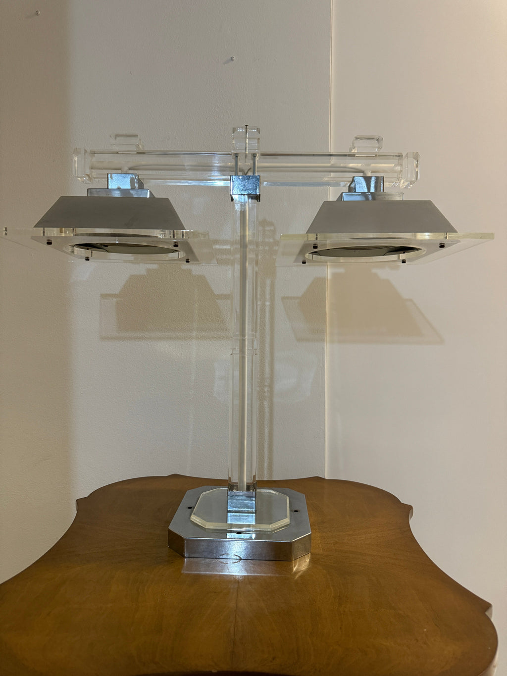 Charles Hollis Jones Vintage 1970s Lucite and Chrome 2-Arm Chandelier or Table Lamp - Retro Mid-Century