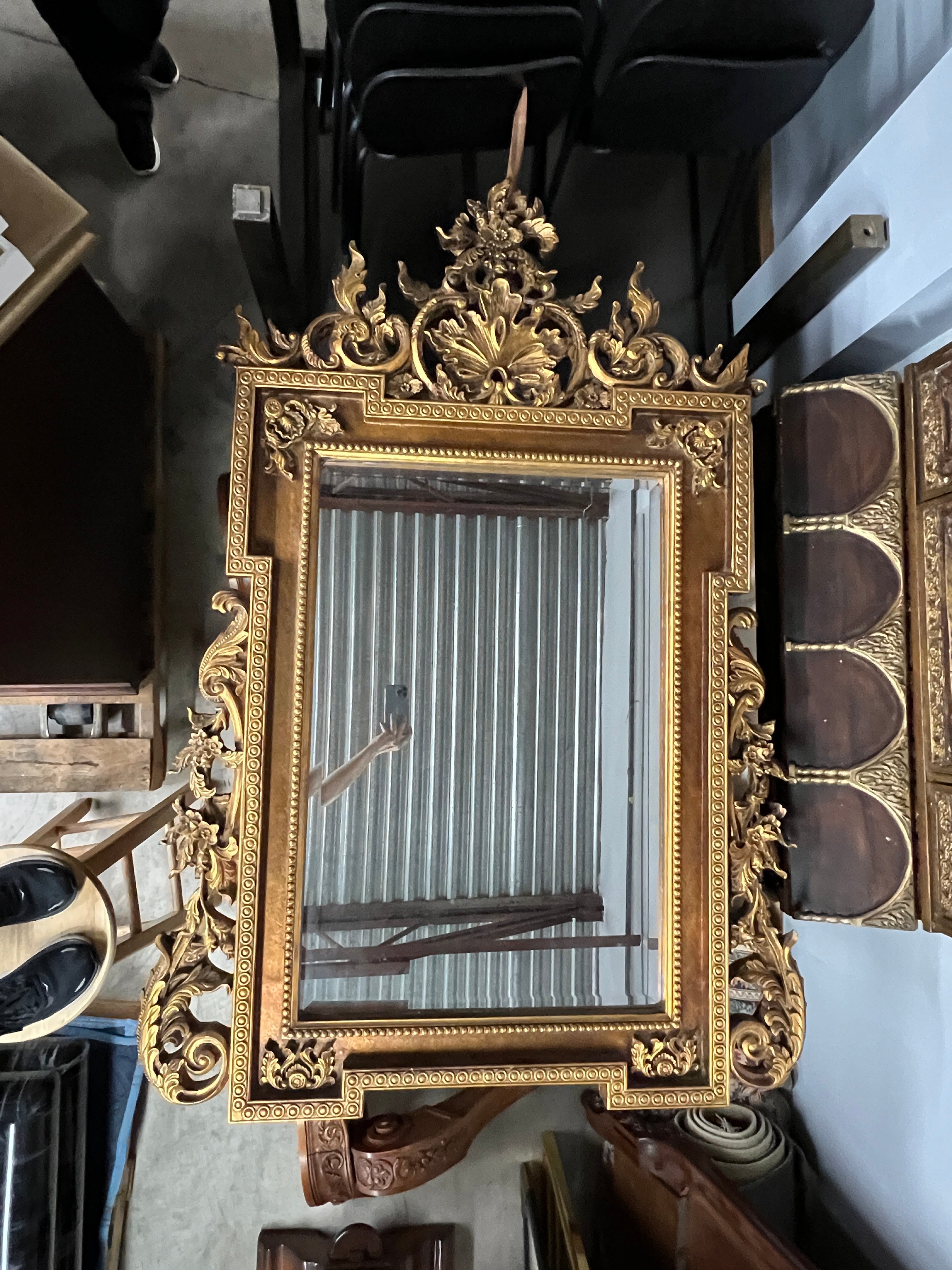 Mid 20th Century Italian Baroque Style Large Gold Carved Giltwood Mirror - Hangs Vertically