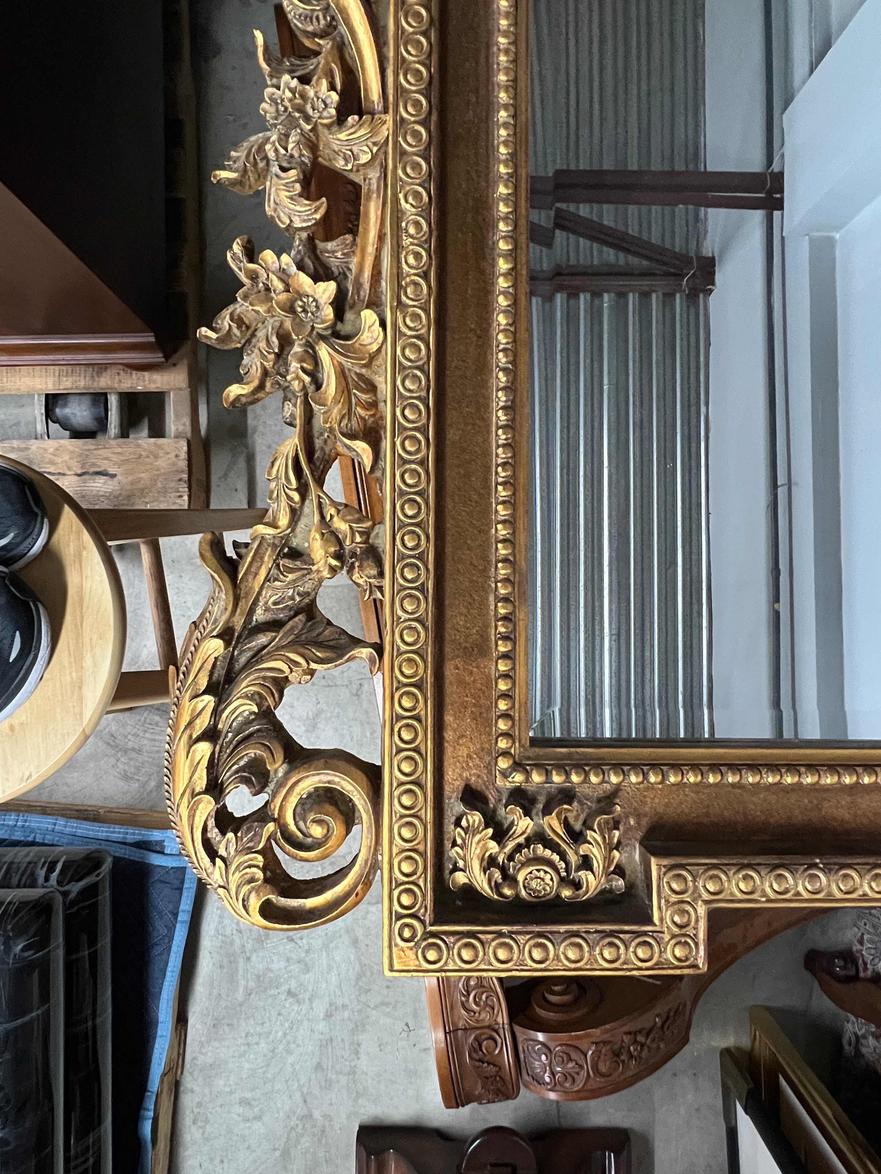 Mid 20th Century Italian Baroque Style Large Gold Carved Giltwood Mirror - Hangs Vertically