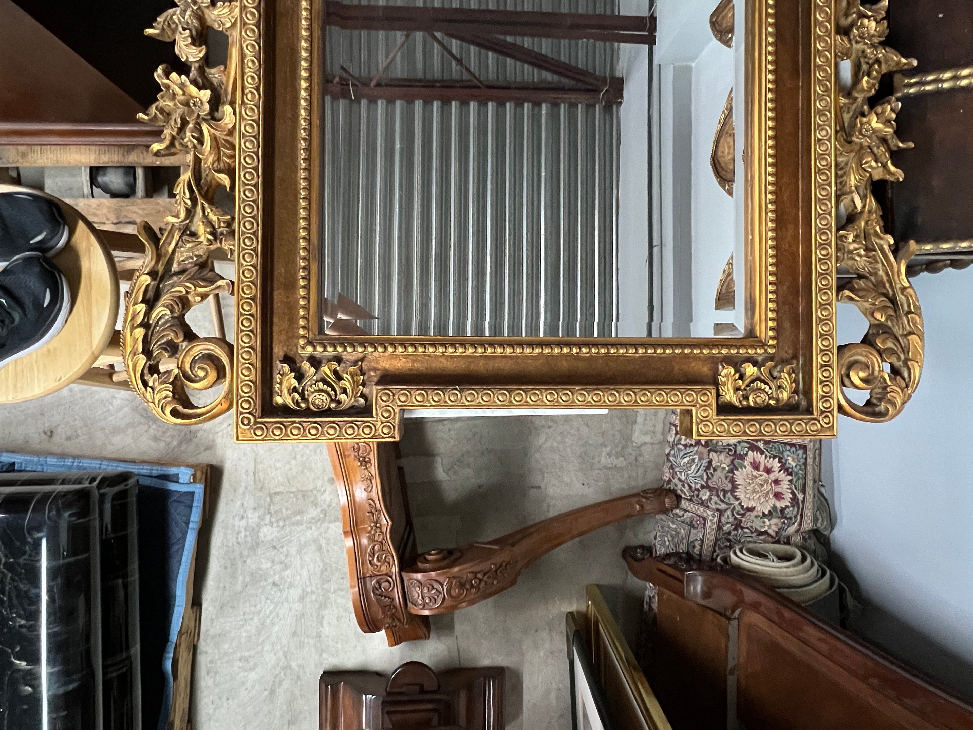 Mid 20th Century Italian Baroque Style Large Gold Carved Giltwood Mirror - Hangs Vertically