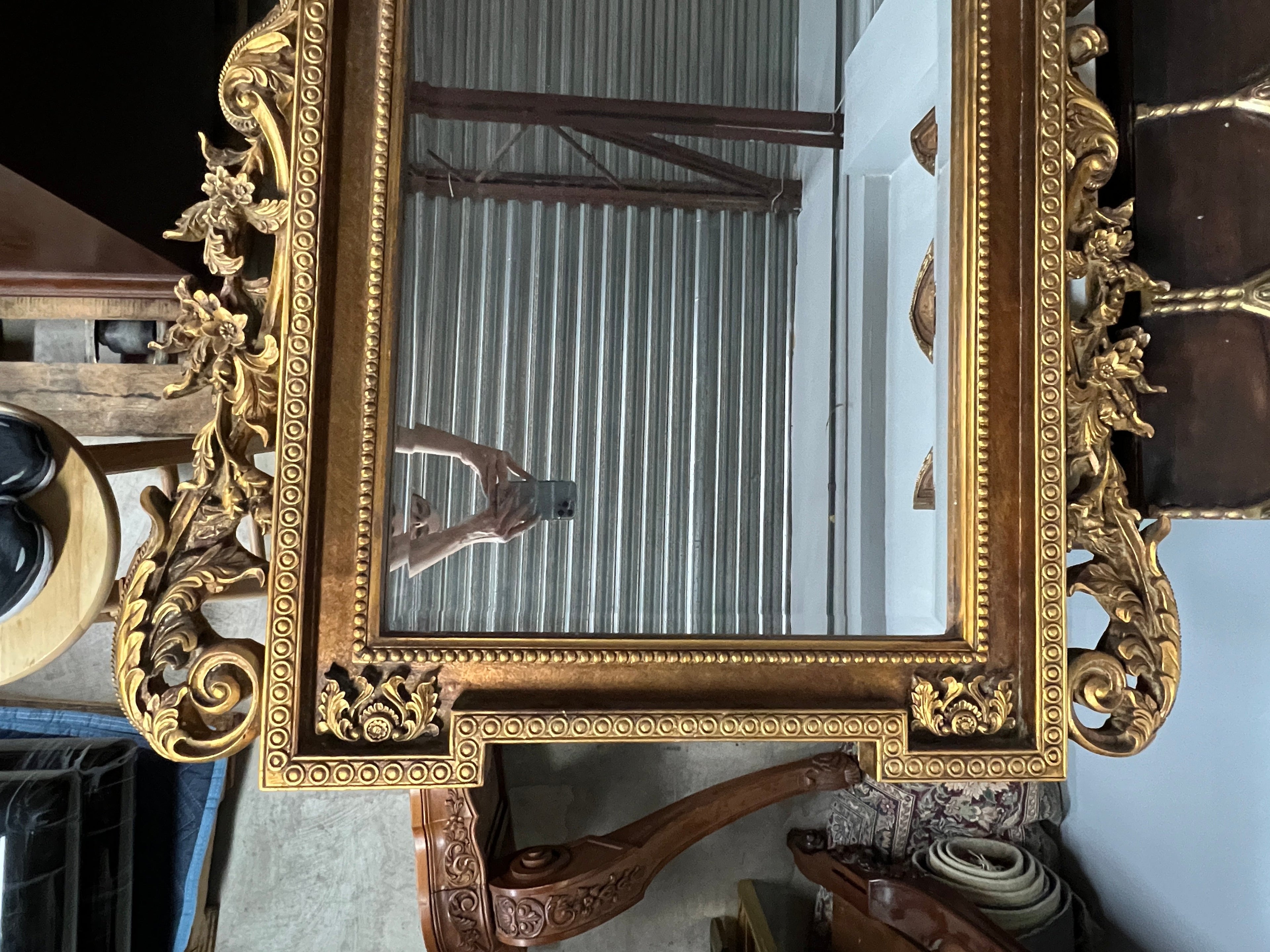 Mid 20th Century Italian Baroque Style Large Gold Carved Giltwood Mirror - Hangs Vertically