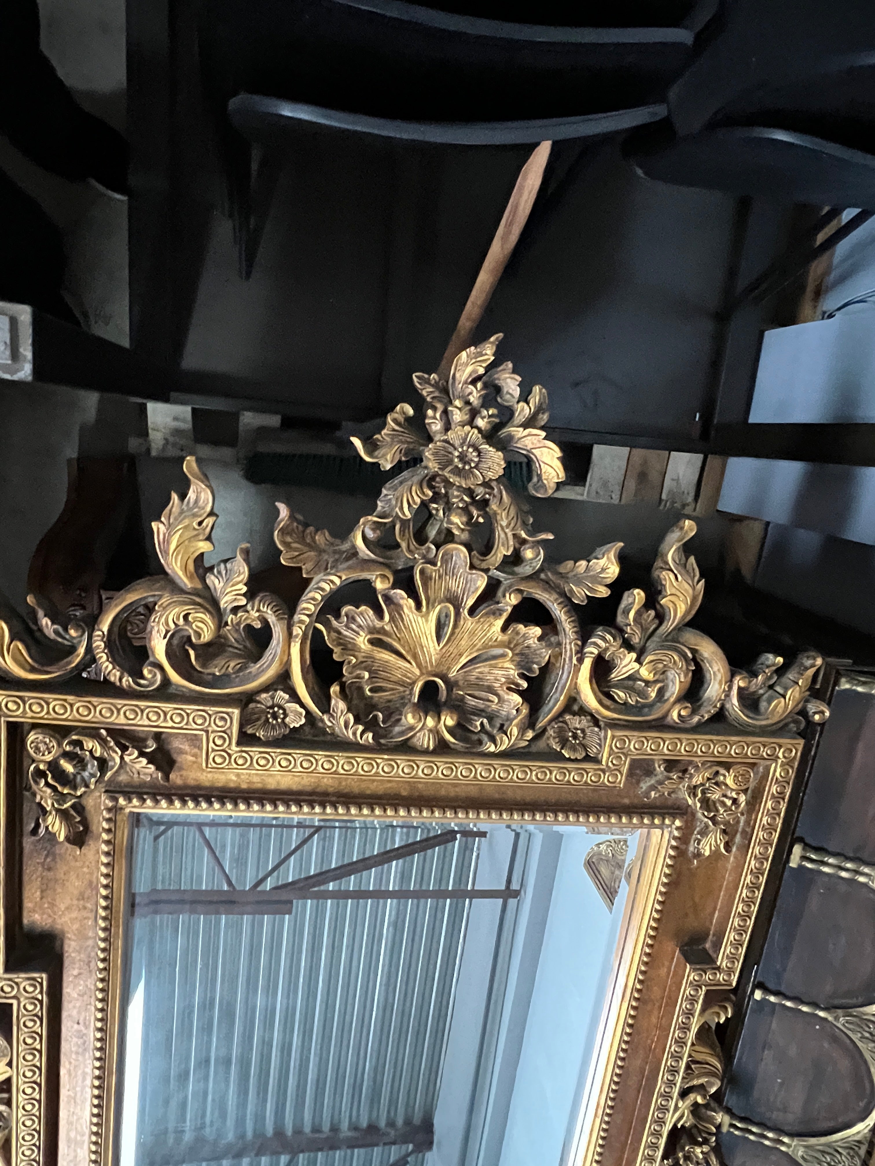 Mid 20th Century Italian Baroque Style Large Gold Carved Giltwood Mirror - Hangs Vertically
