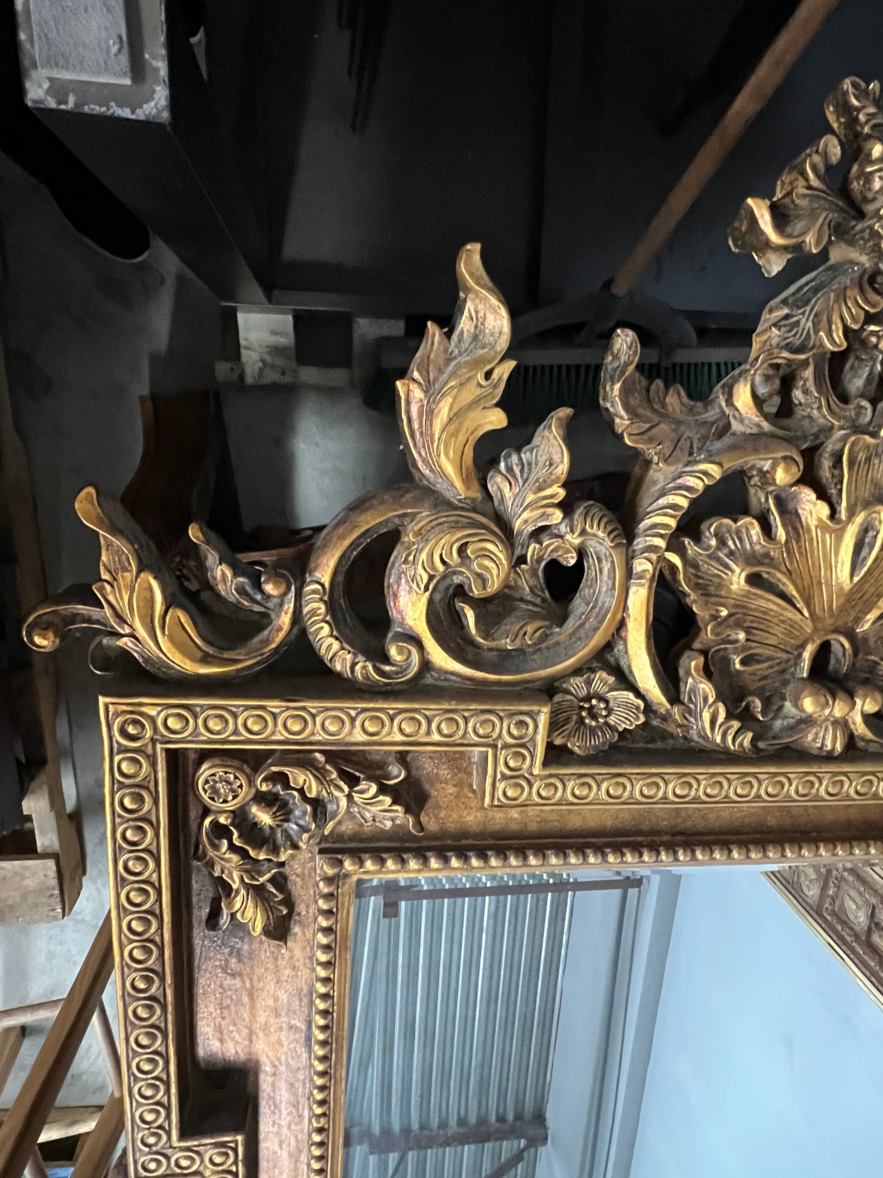 Mid 20th Century Italian Baroque Style Large Gold Carved Giltwood Mirror - Hangs Vertically
