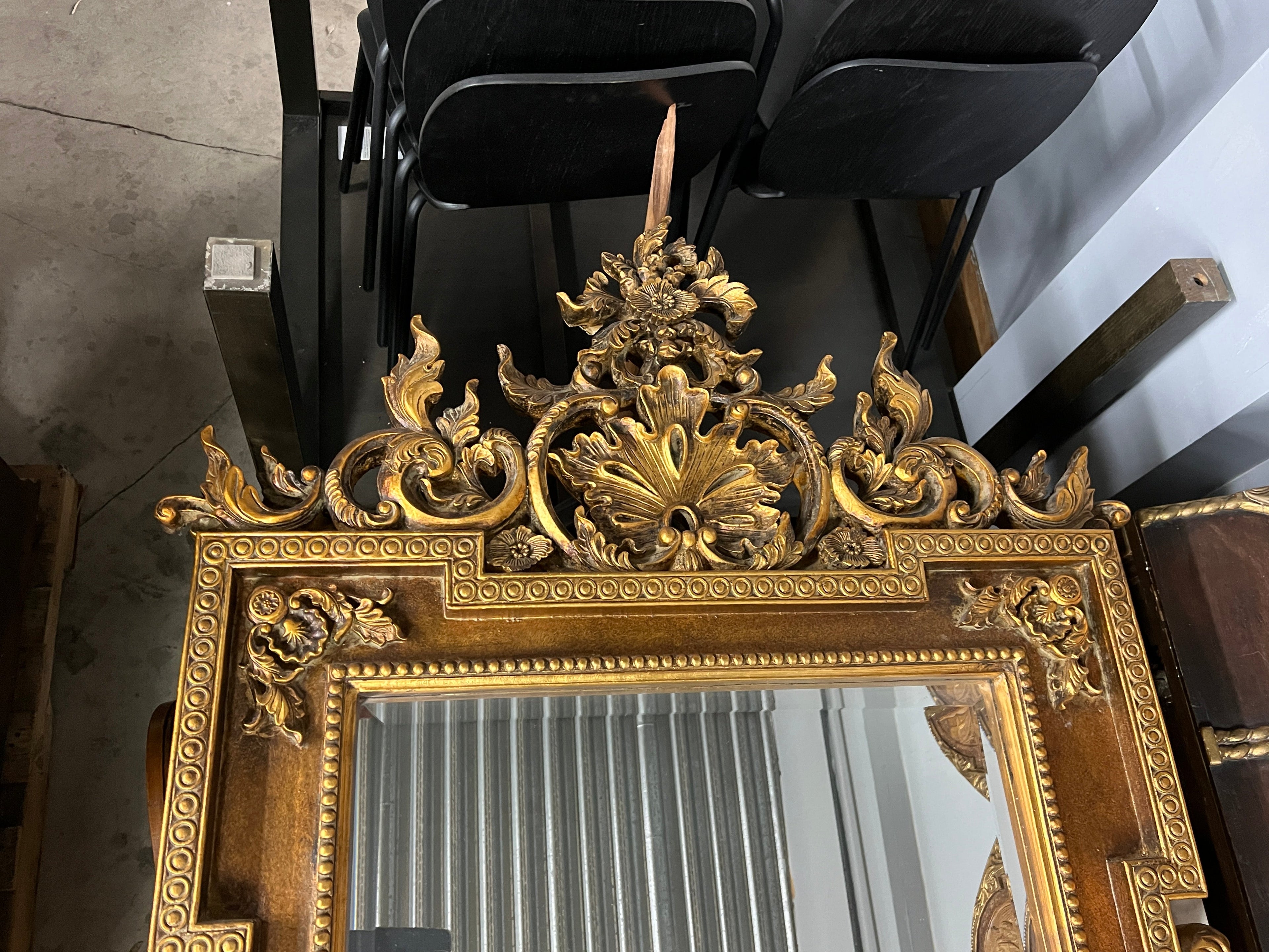 Mid 20th Century Italian Baroque Style Large Gold Carved Giltwood Mirror - Hangs Vertically