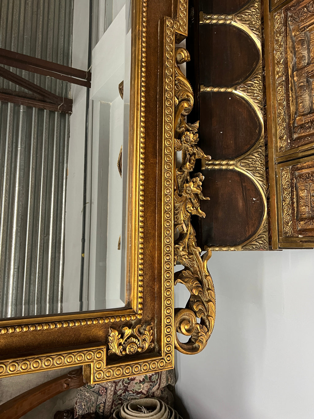 Mid 20th Century Italian Baroque Style Large Gold Carved Giltwood Mirror - Hangs Vertically