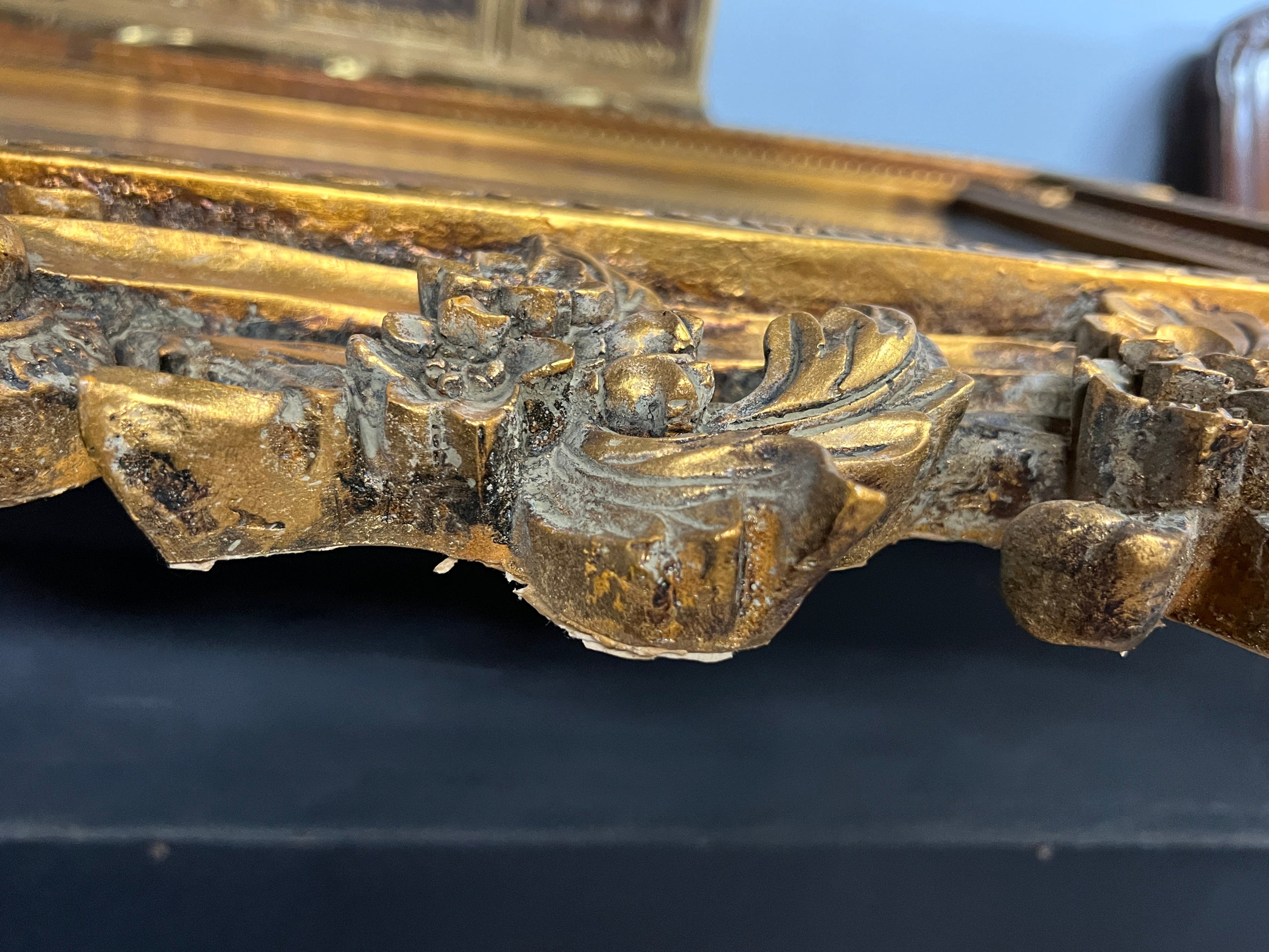 Mid 20th Century Italian Baroque Style Large Gold Carved Giltwood Mirror - Hangs Vertically