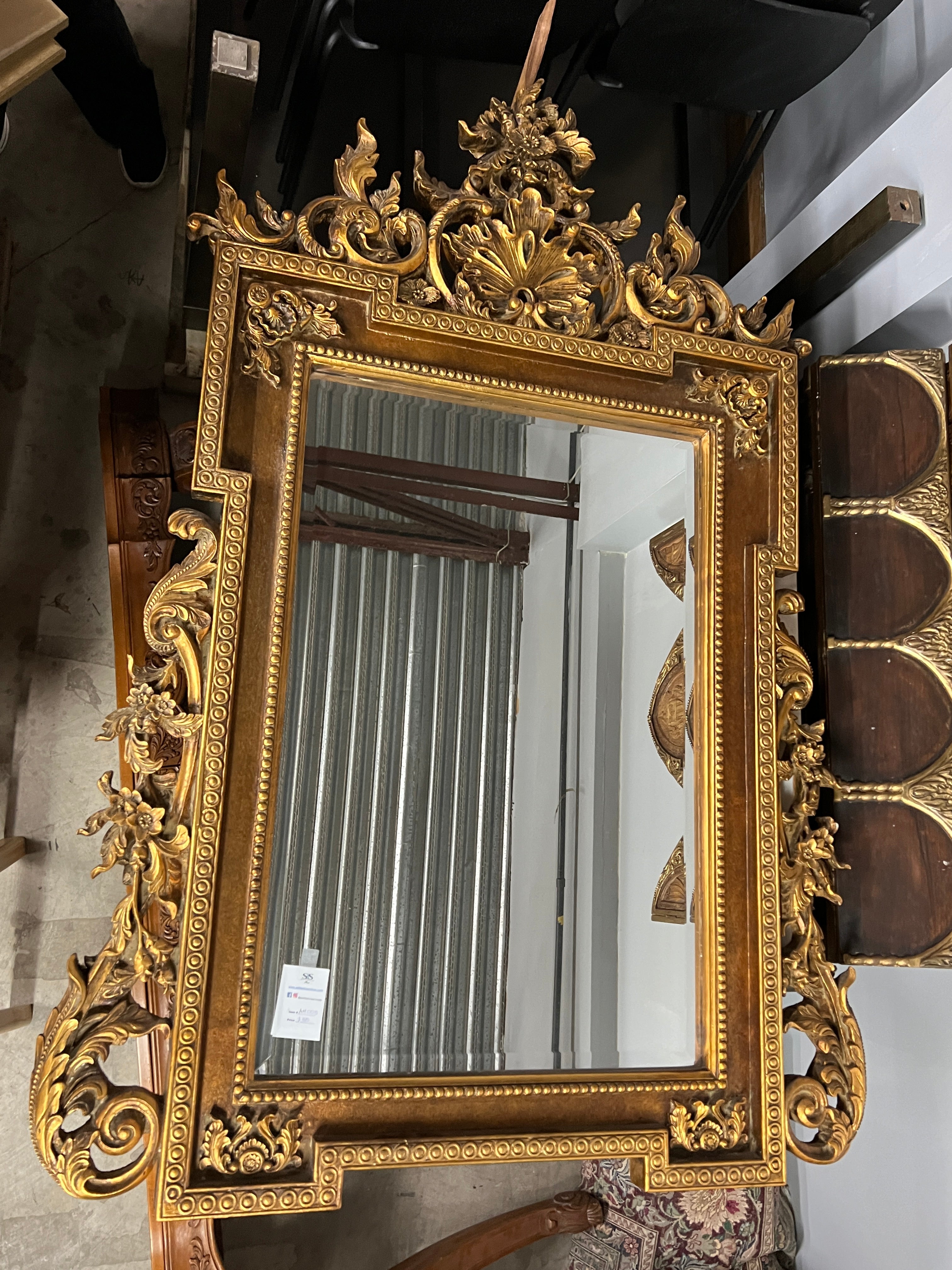 Mid 20th Century Italian Baroque Style Large Gold Carved Giltwood Mirror - Hangs Vertically