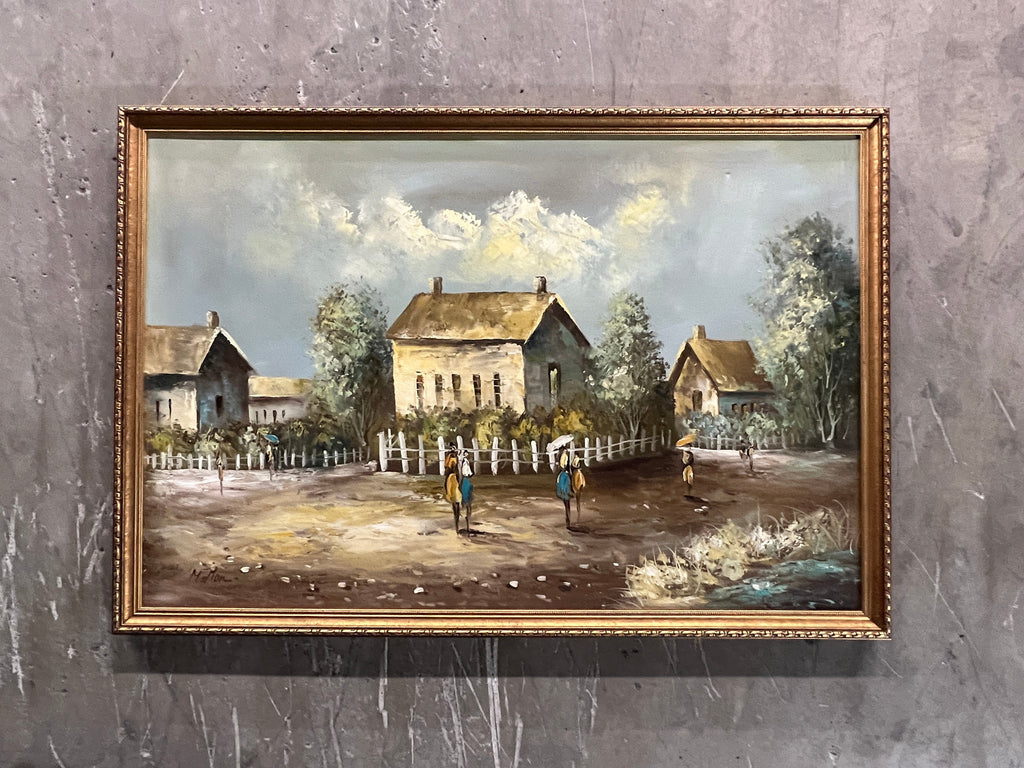 Vintage Old Rural Village Signed by Melton - original oil on canvas