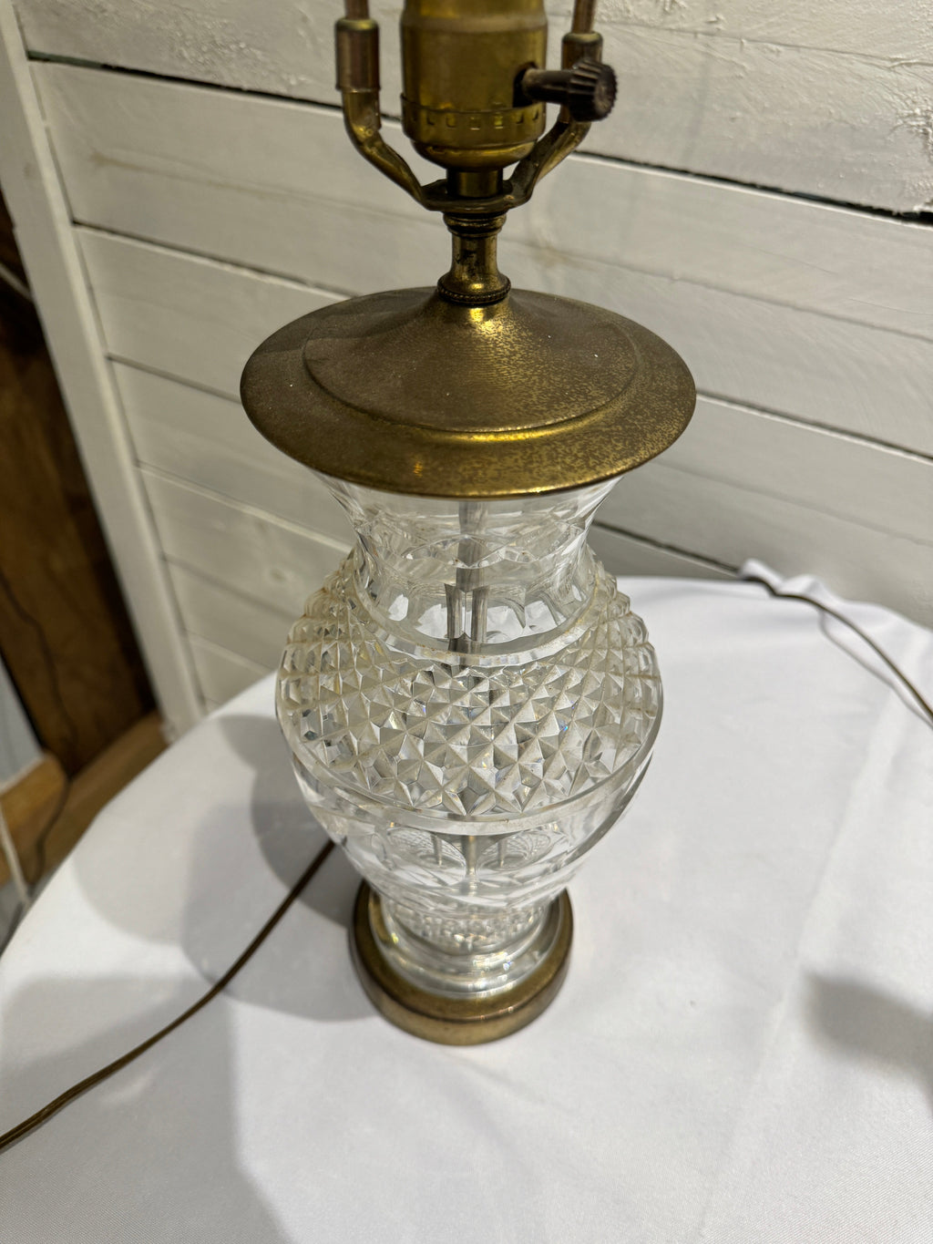 Waterford Crystal & Polished Brass Table Lamp in the Hollywood Regency Style - without shade