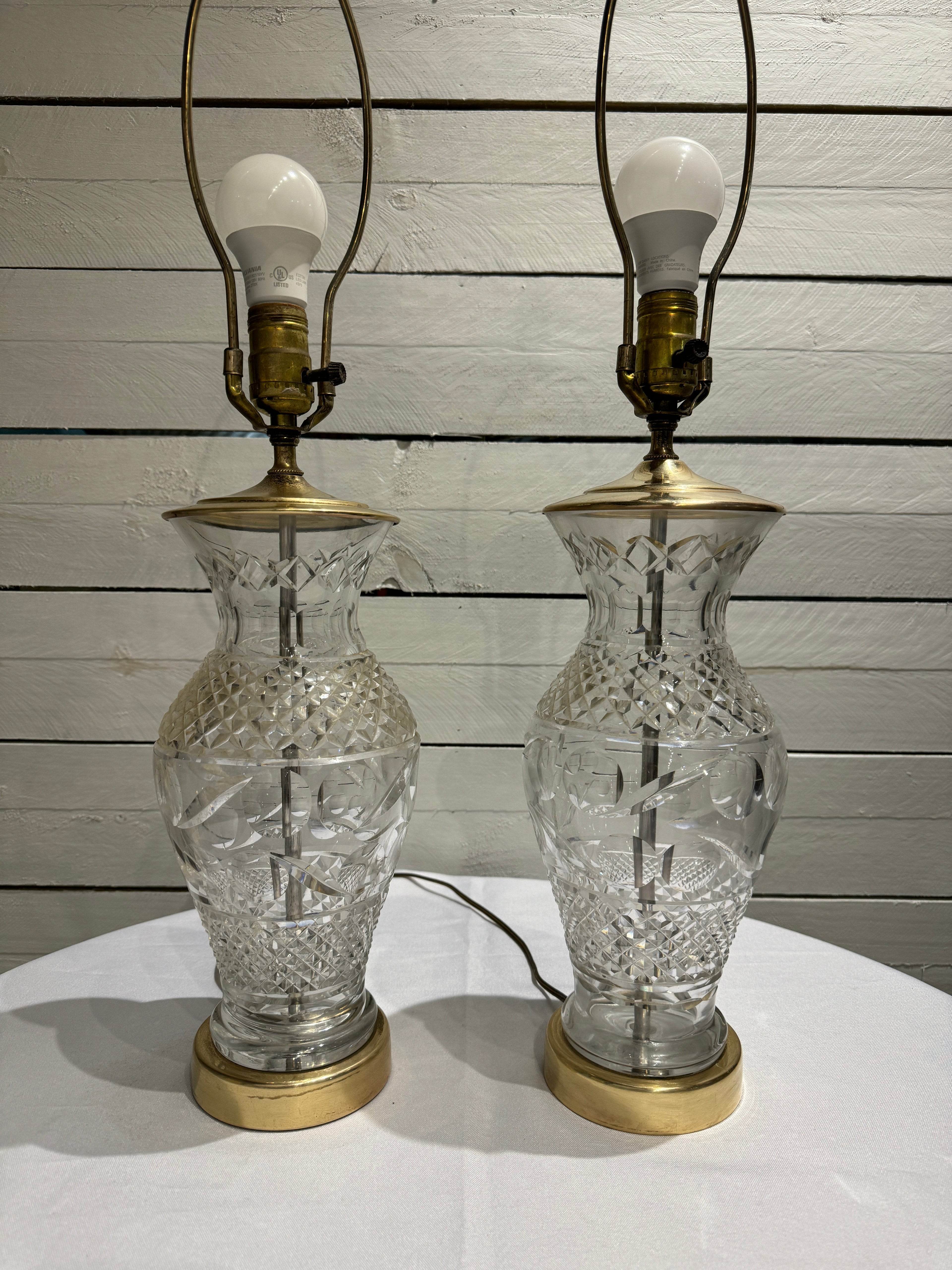 Waterford Crystal & Polished Brass Table Lamp in the Hollywood Regency Style - without shade