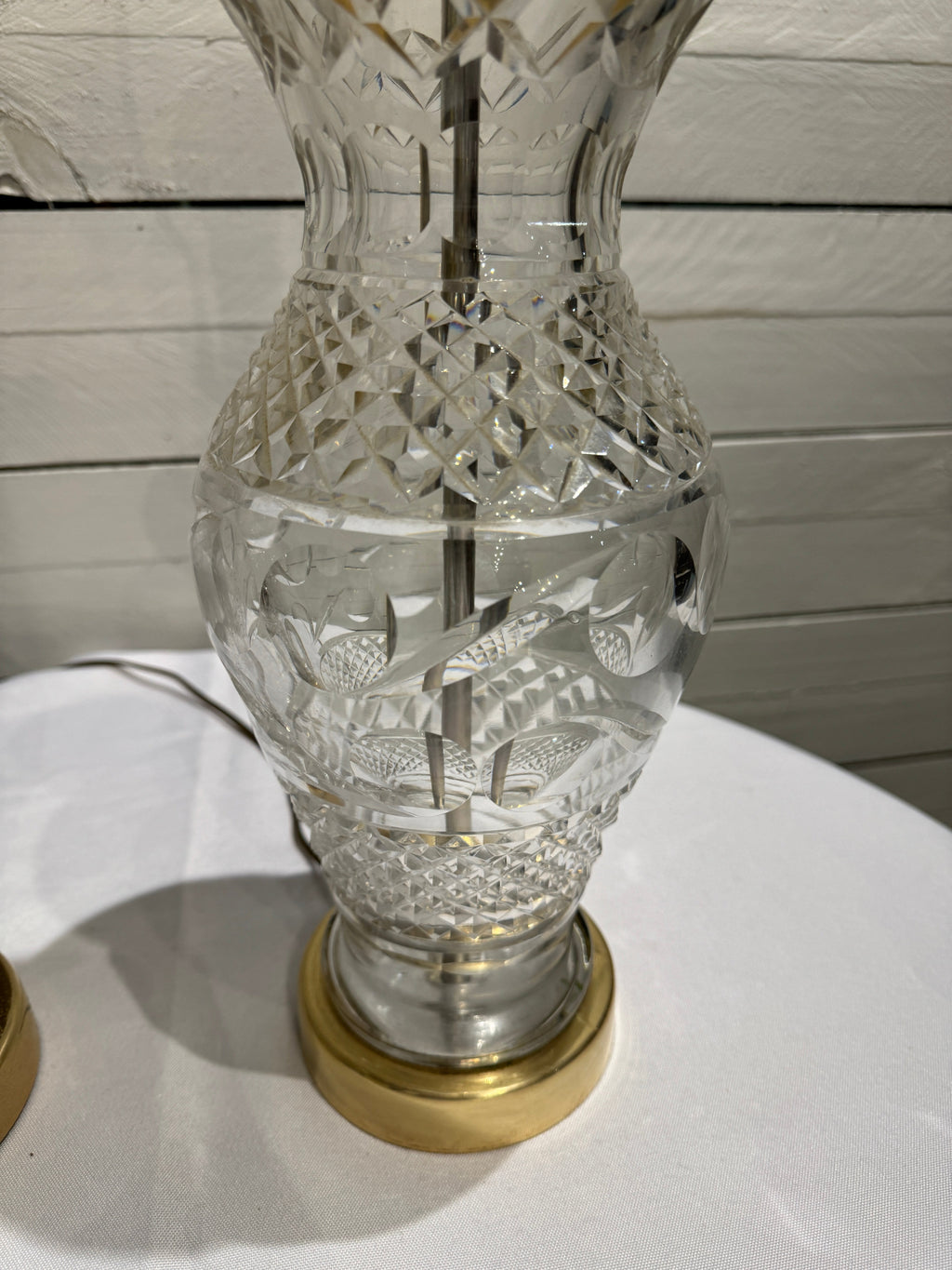 Waterford Crystal & Polished Brass Table Lamp in the Hollywood Regency Style - without shade