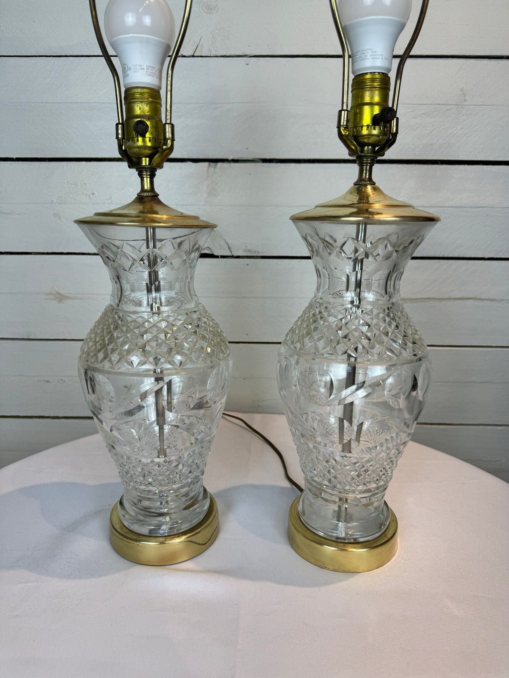 Waterford Crystal & Polished Brass Table Lamp in the Hollywood Regency Style - without shade