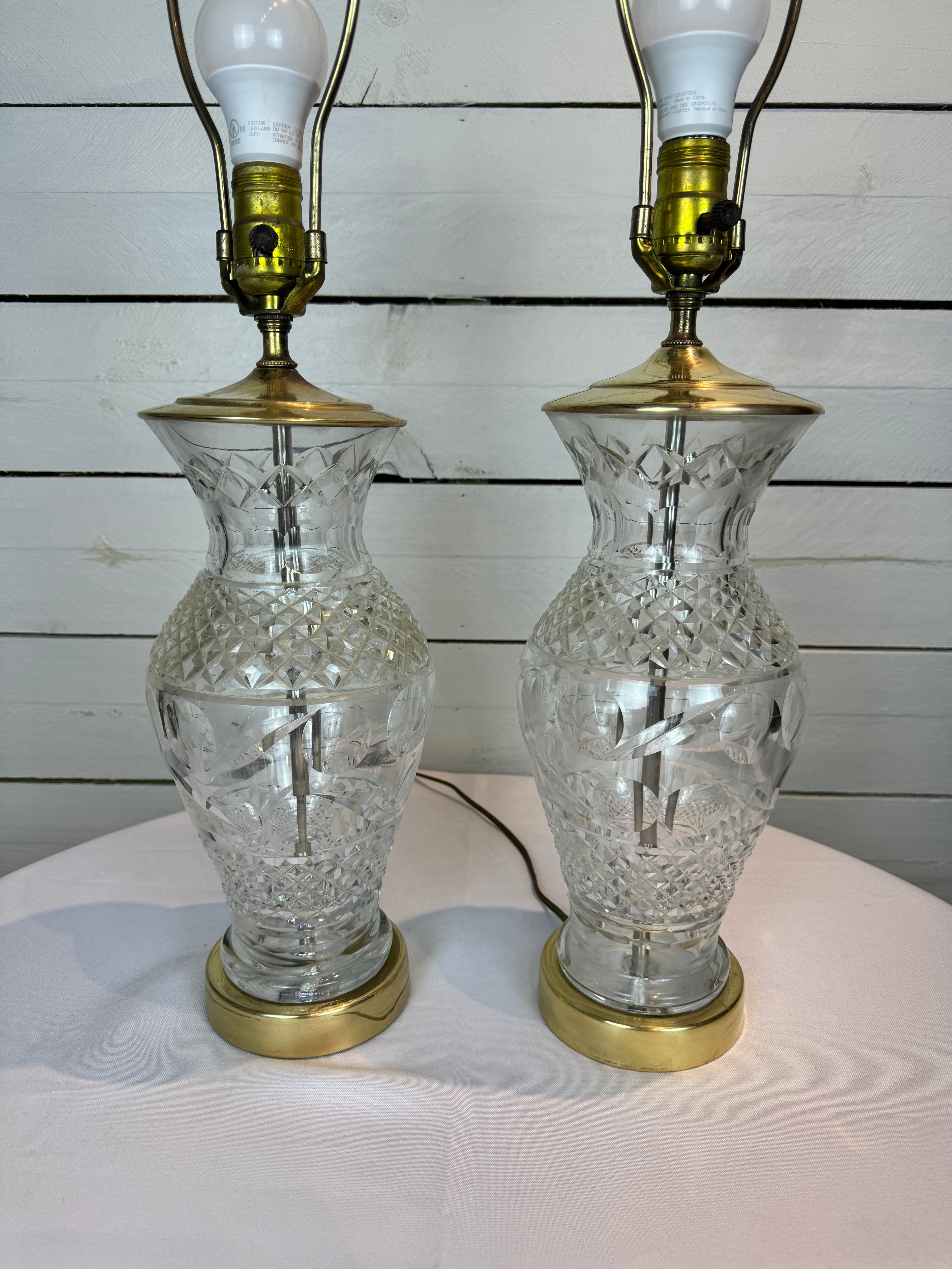 Waterford Crystal & Polished Brass Table Lamp in the Hollywood Regency Style - without shade