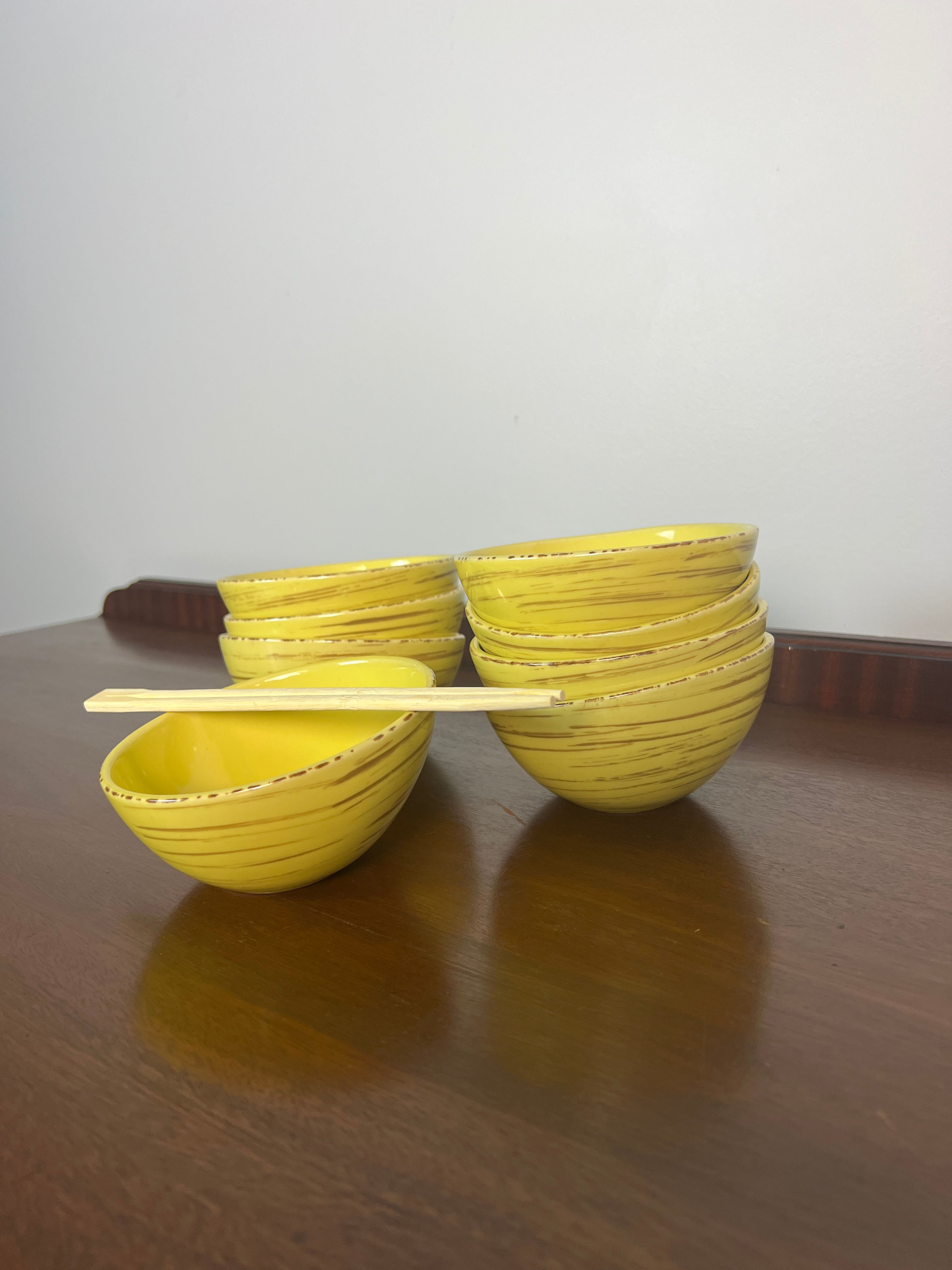 Vintage Studio Nova Samba Yellow Hand Painted Stoneware - Asian Rice Bowls - Fruit & Dessert Bowls - Set of 8