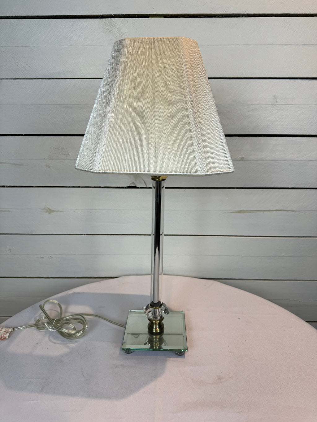 Small Glass Lamp with White Silk Shade