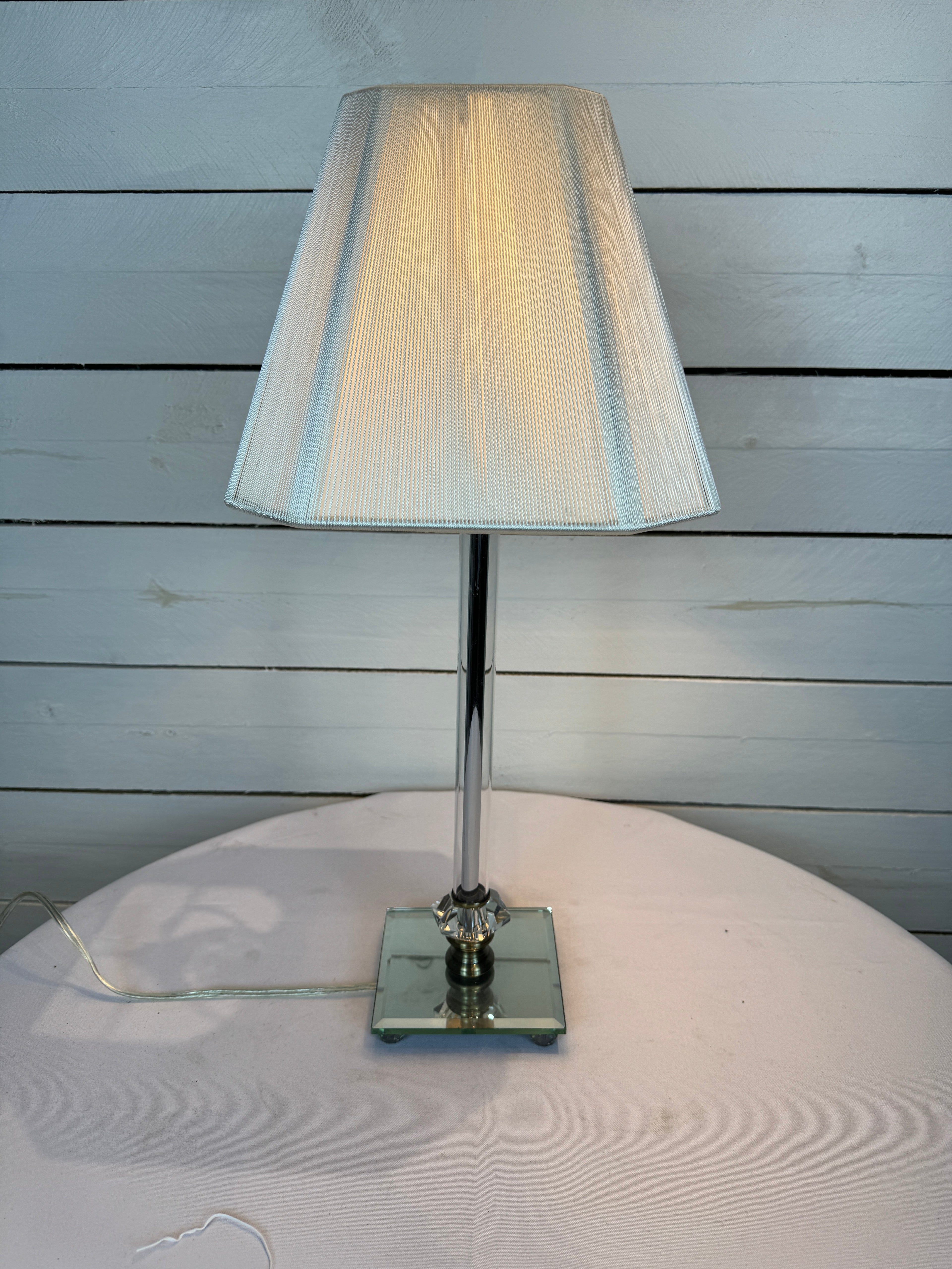 Small Glass Lamp with White Silk Shade