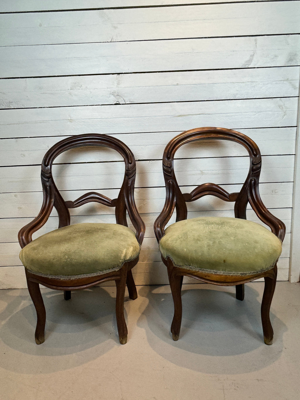 Antique Victorian Balloon Back Boudoir Side Chairs - Set of Two