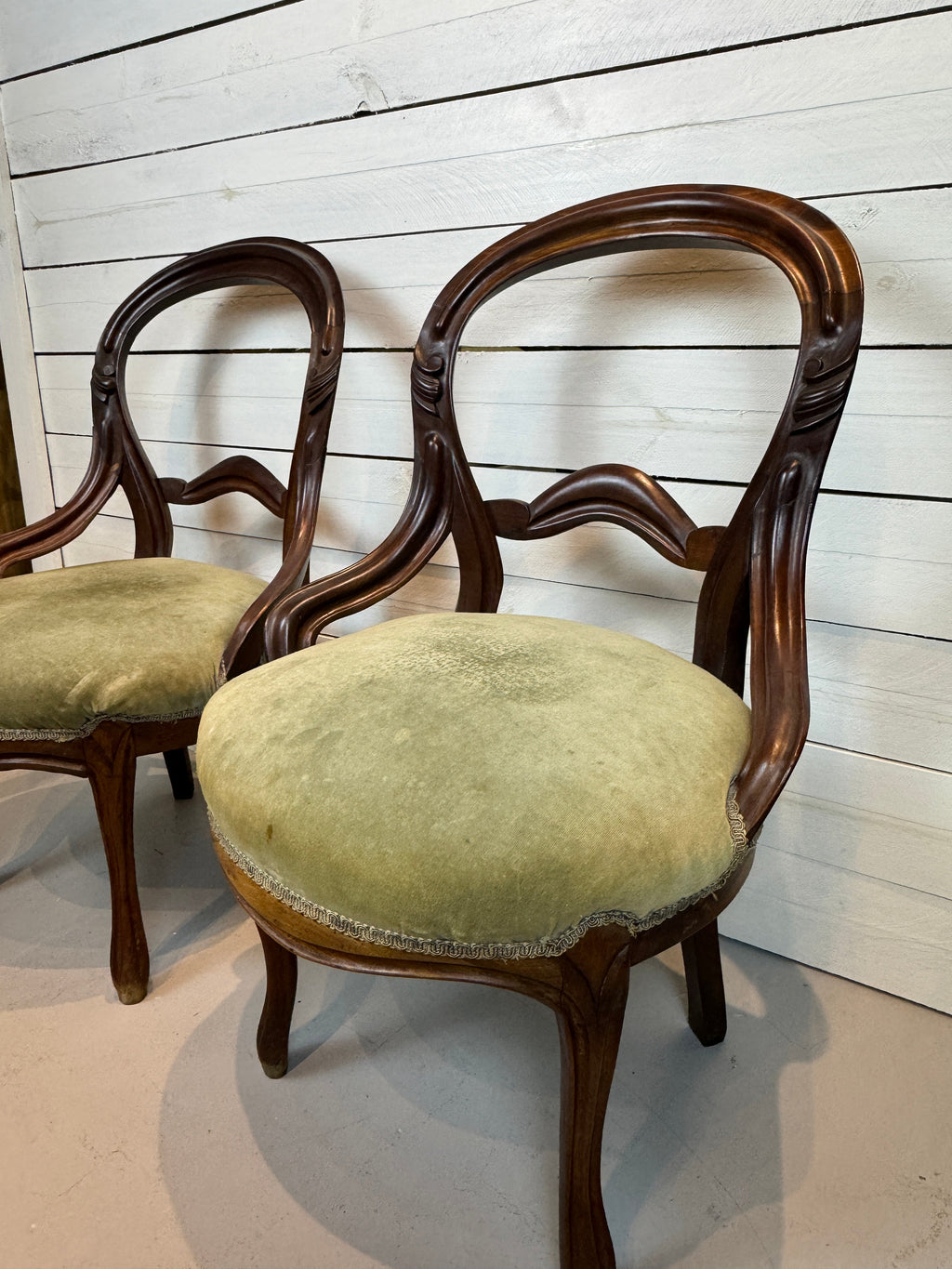 Antique Victorian Balloon Back Boudoir Side Chairs - Set of Two