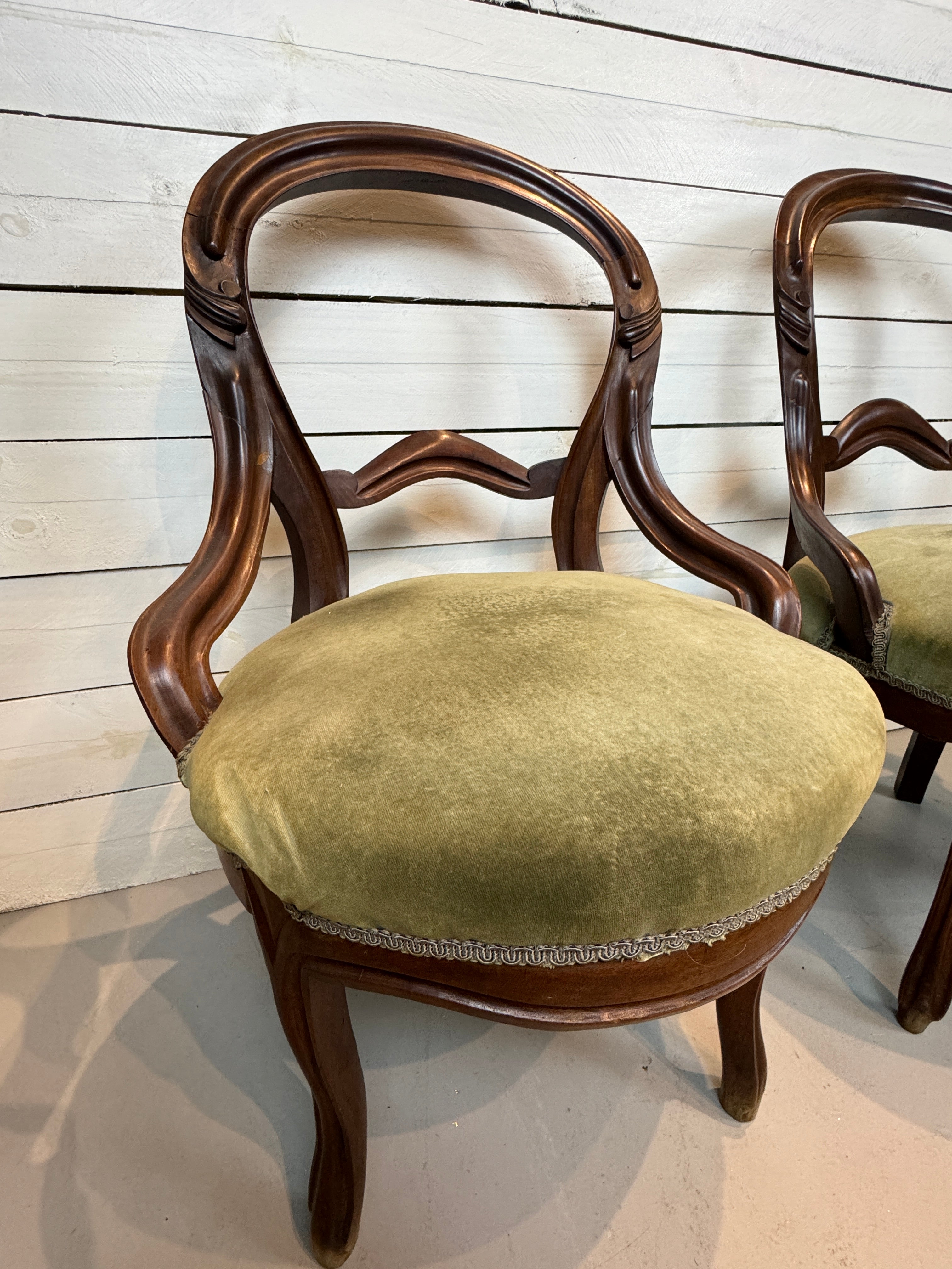 Antique Victorian Balloon Back Boudoir Side Chairs - Set of Two