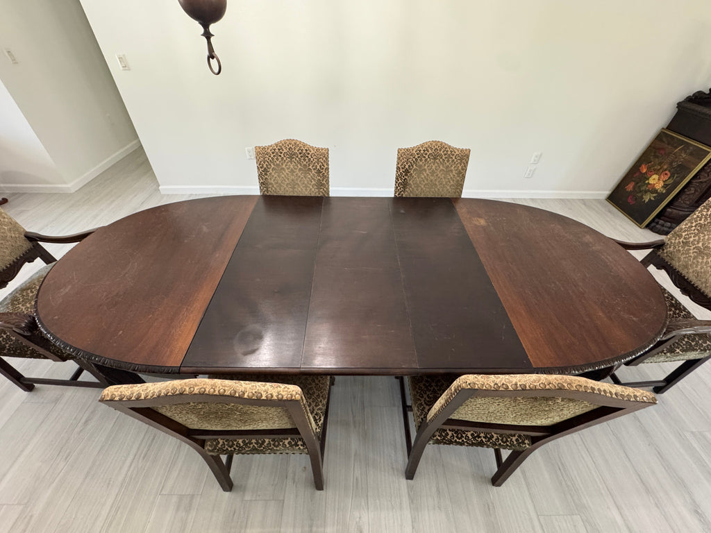 Victorian Carved Mahogany Clawfoot Extension Table with 6 Upholstered Chairs