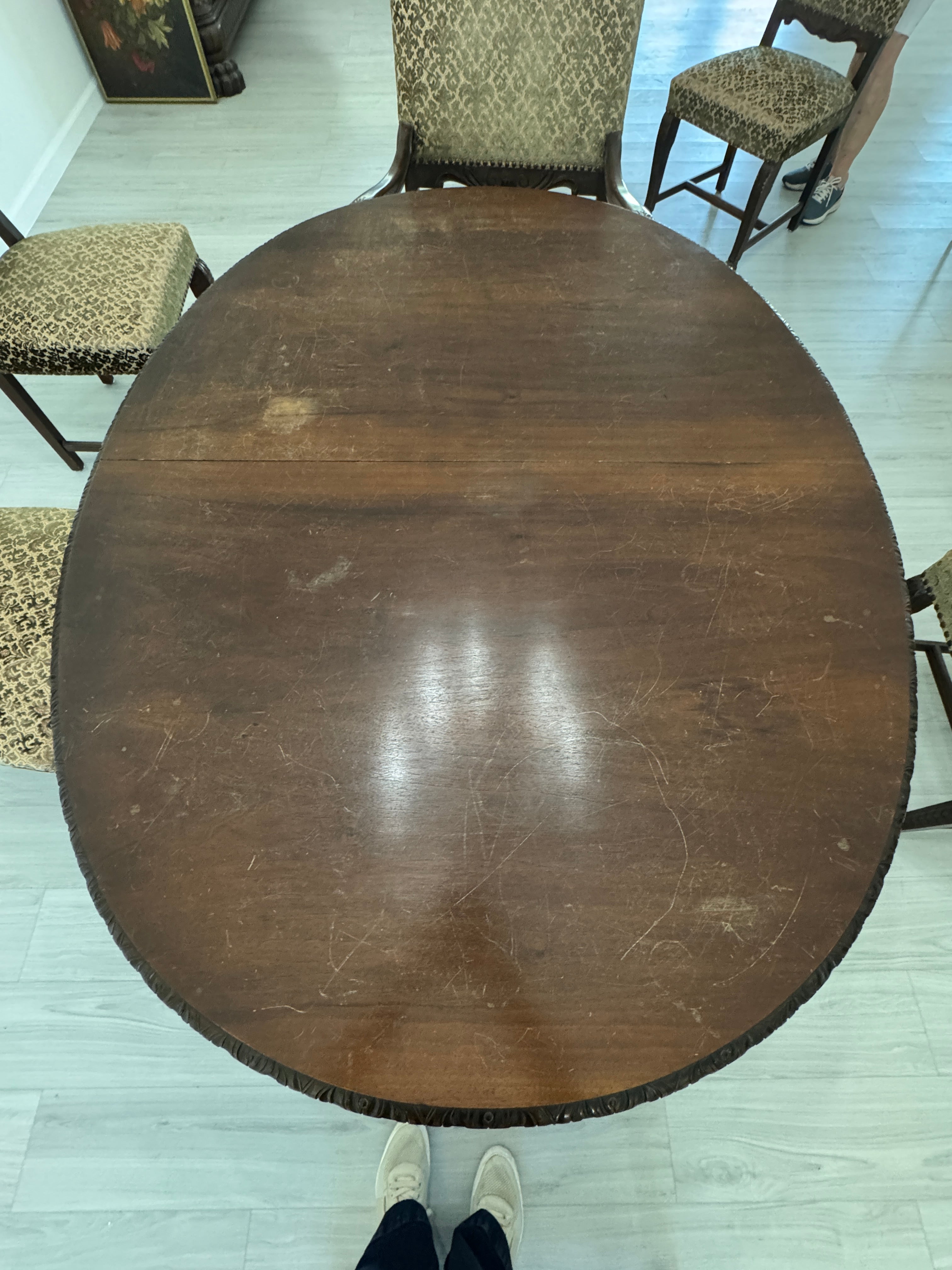 Victorian Carved Mahogany Clawfoot Extension Table with 6 Upholstered Chairs