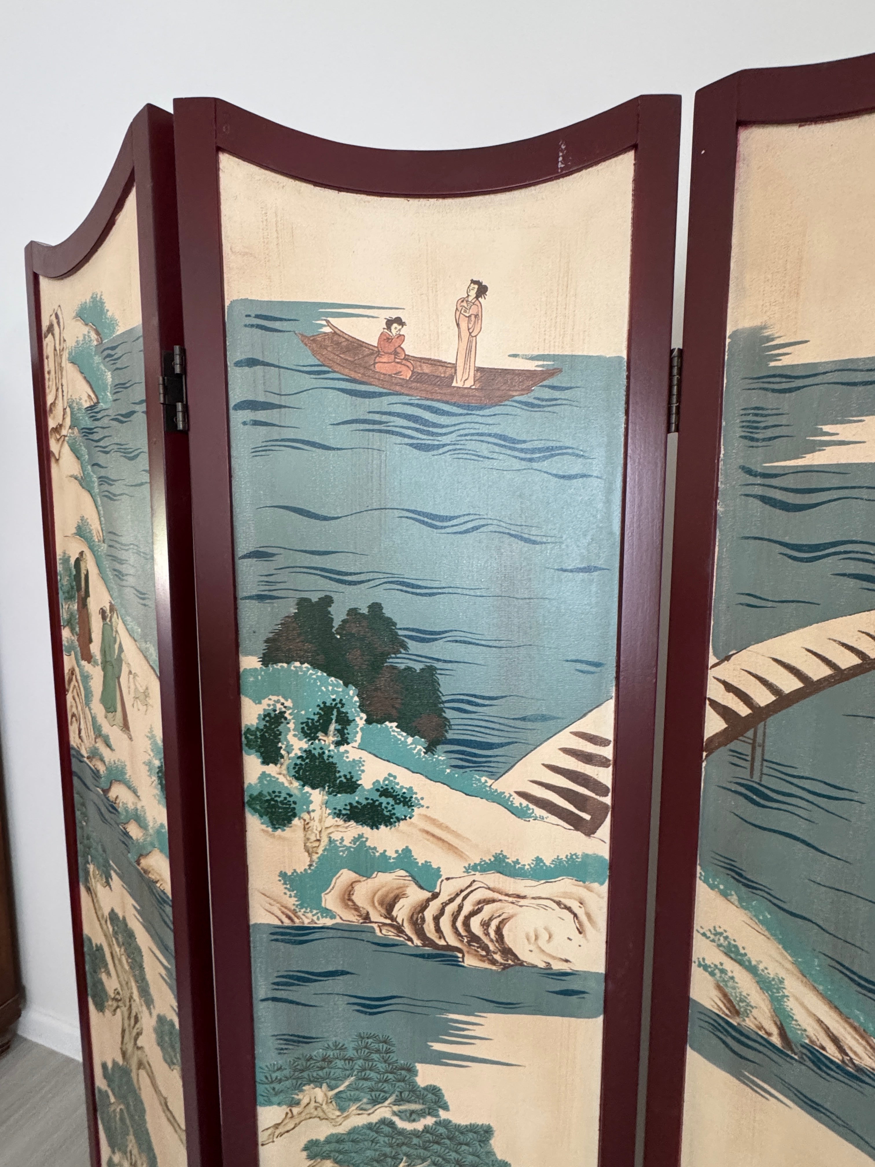Vintage Three Panel Oriental Chinoiserie Folding Wood Panel Room Divider