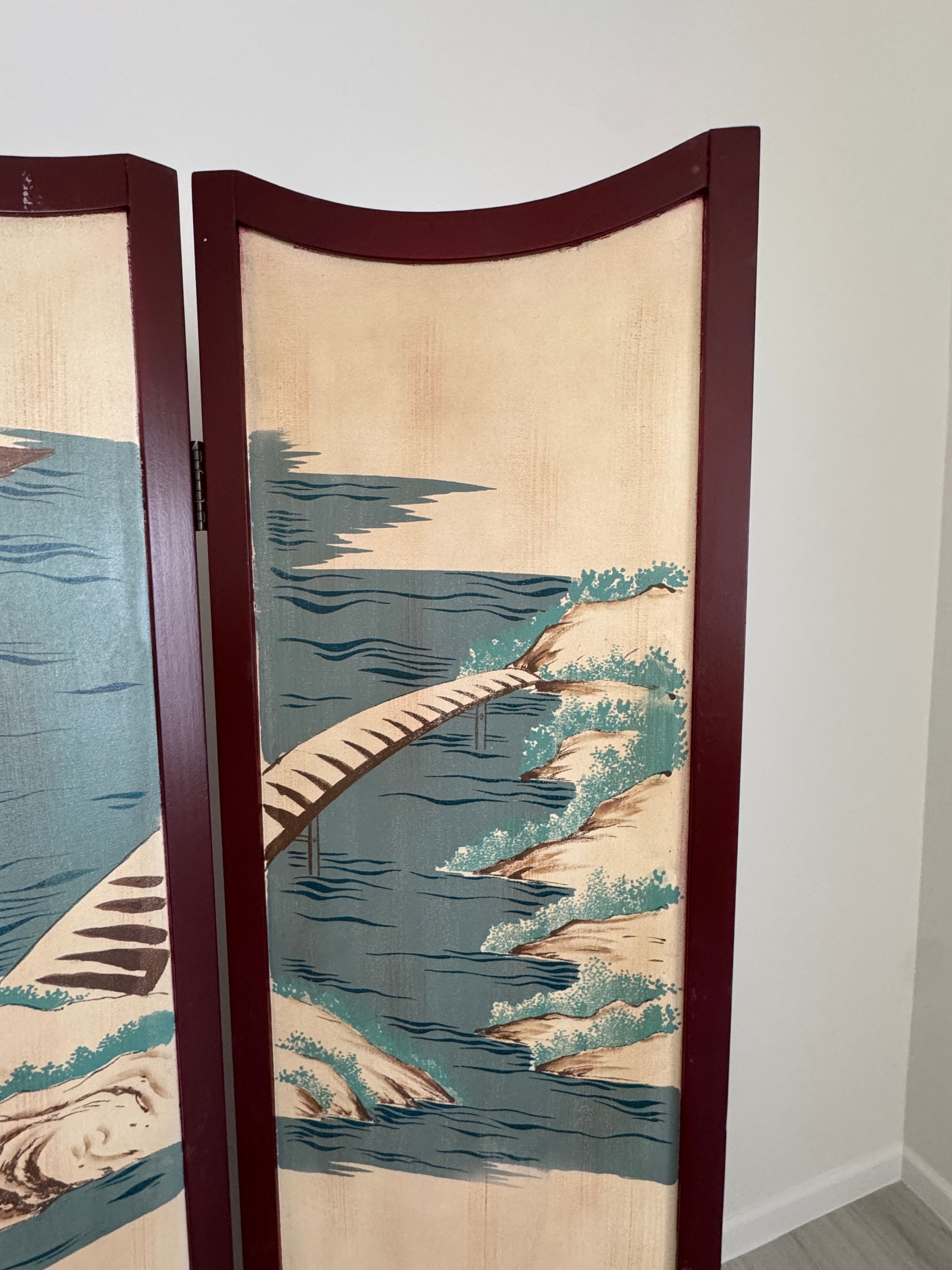Vintage Three Panel Oriental Chinoiserie Folding Wood Panel Room Divider
