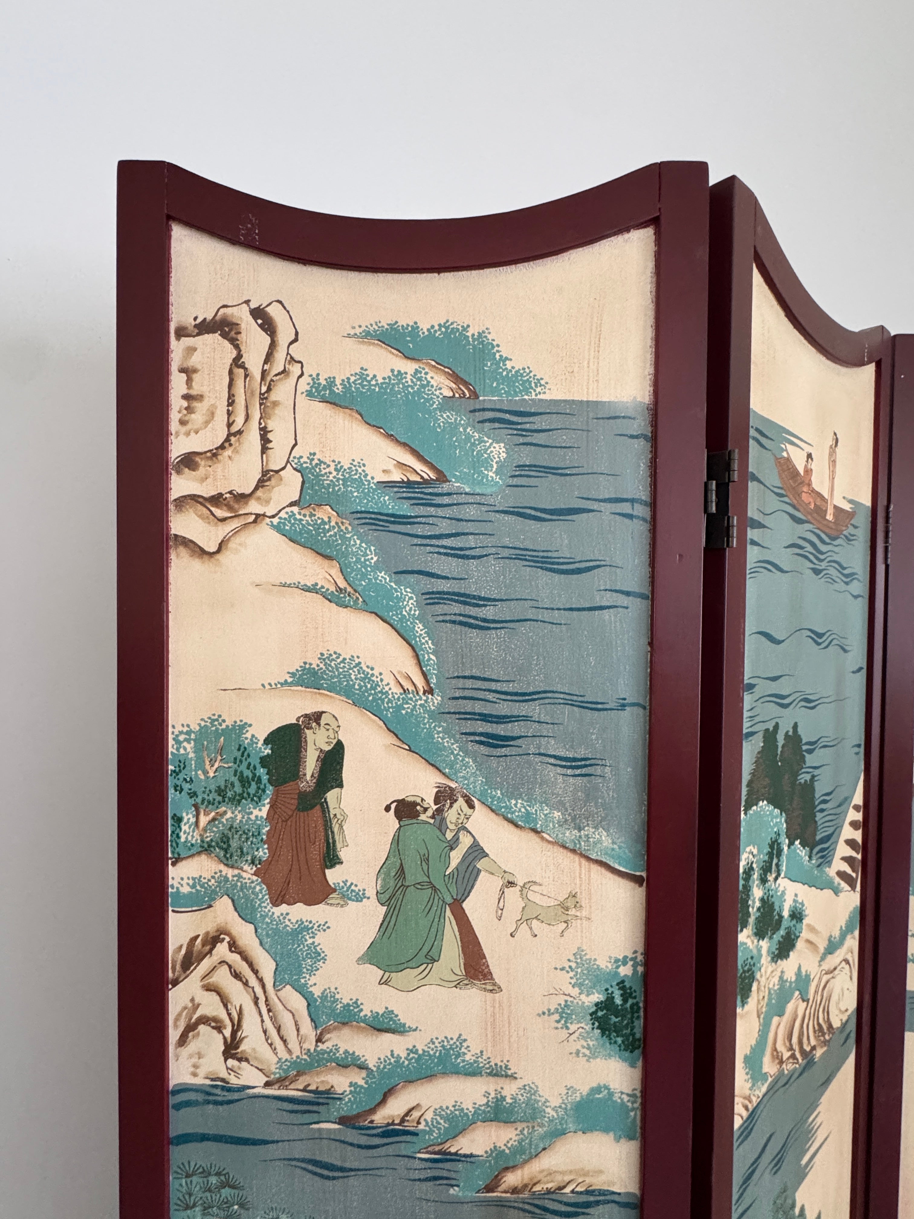 Vintage Three Panel Oriental Chinoiserie Folding Wood Panel Room Divider