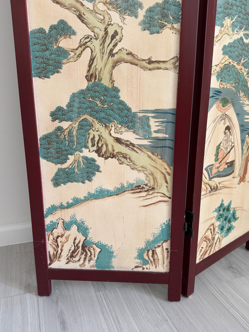 Vintage Three Panel Oriental Chinoiserie Folding Wood Panel Room Divider